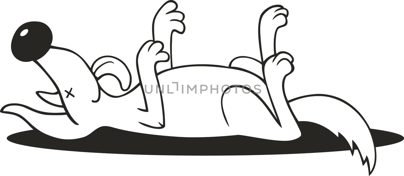 Illustration of dog doing play dead trick for coloring book
