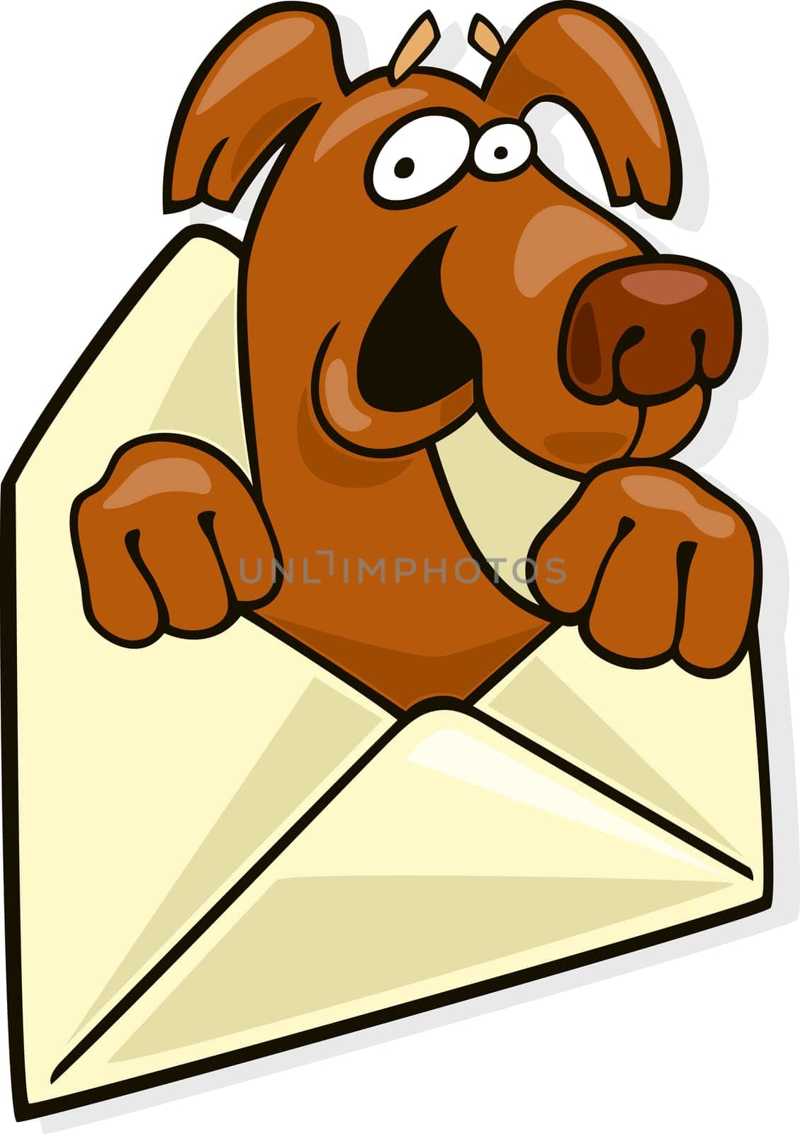 Cartoon illustration of dog in letter envelope