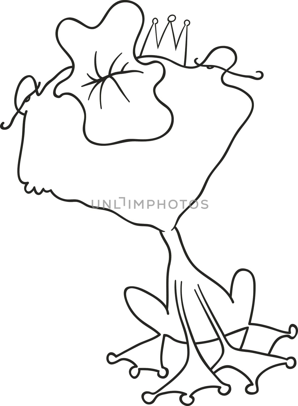 cartoon illustration of funny prince frog kiss for coloring book
