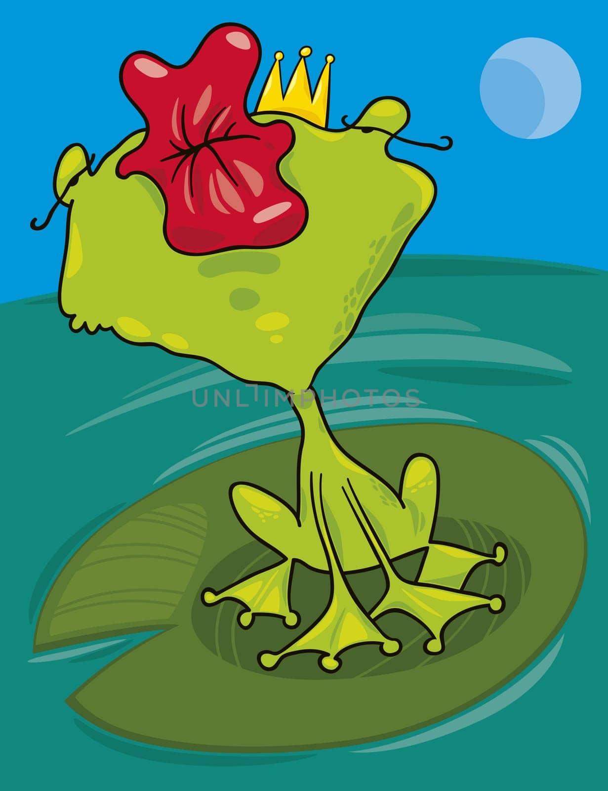 cartoon illustration of funny prince frog kiss