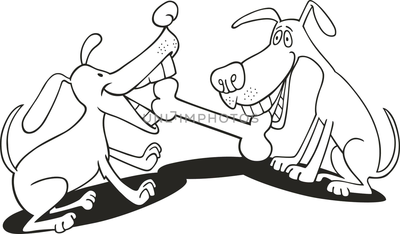 illustration of dogs playing with bone for coloring book