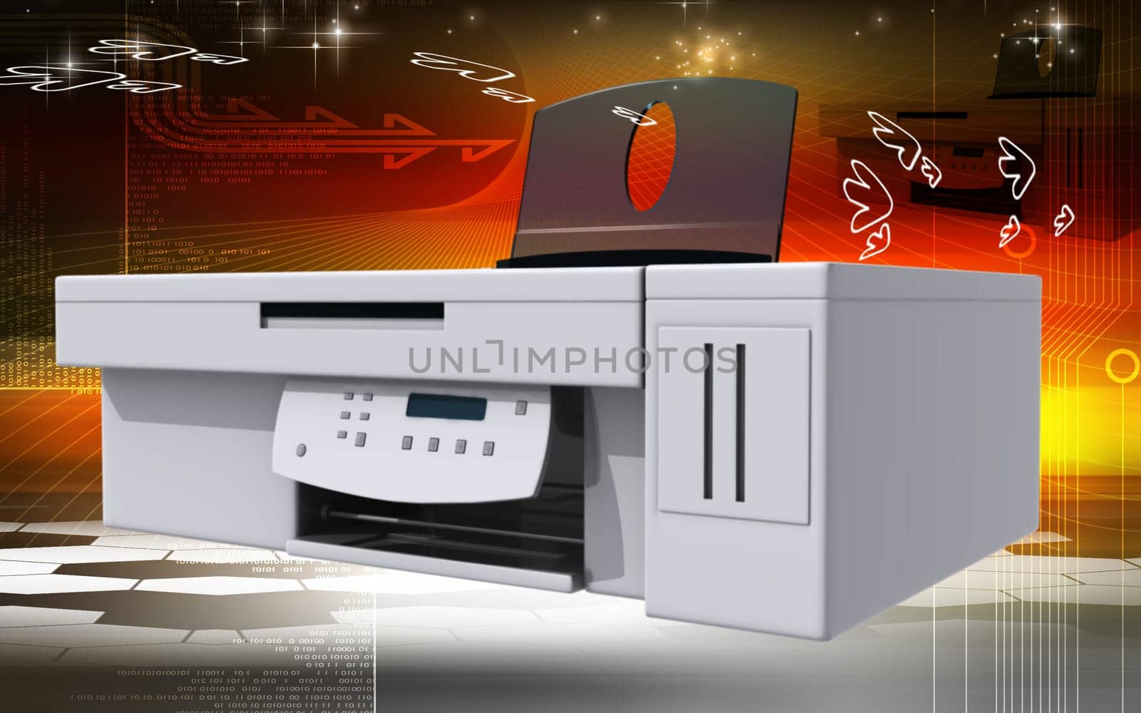 Digital illustration of printer in colour background