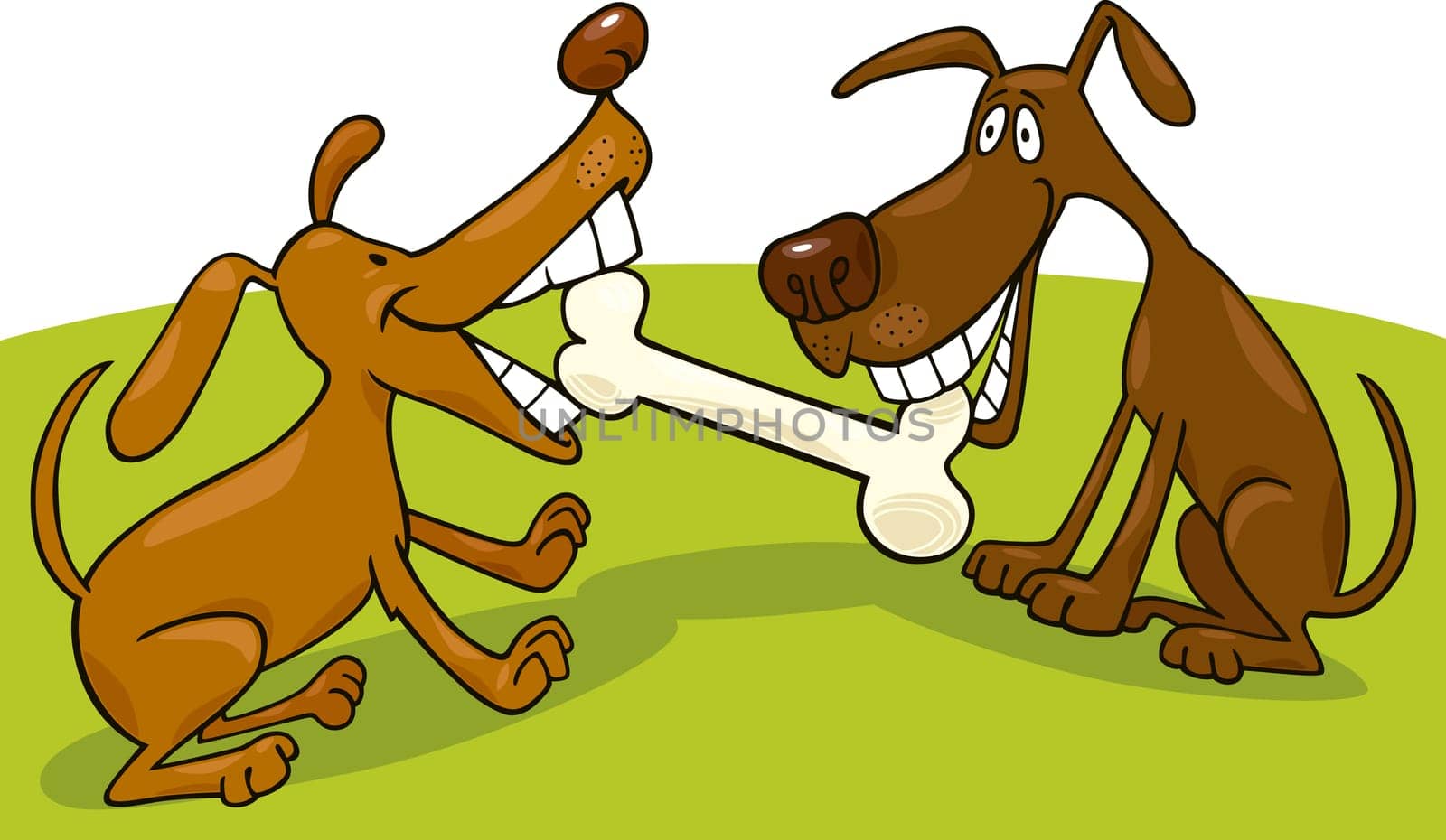 cartoon illustration of two dogs playing with bone