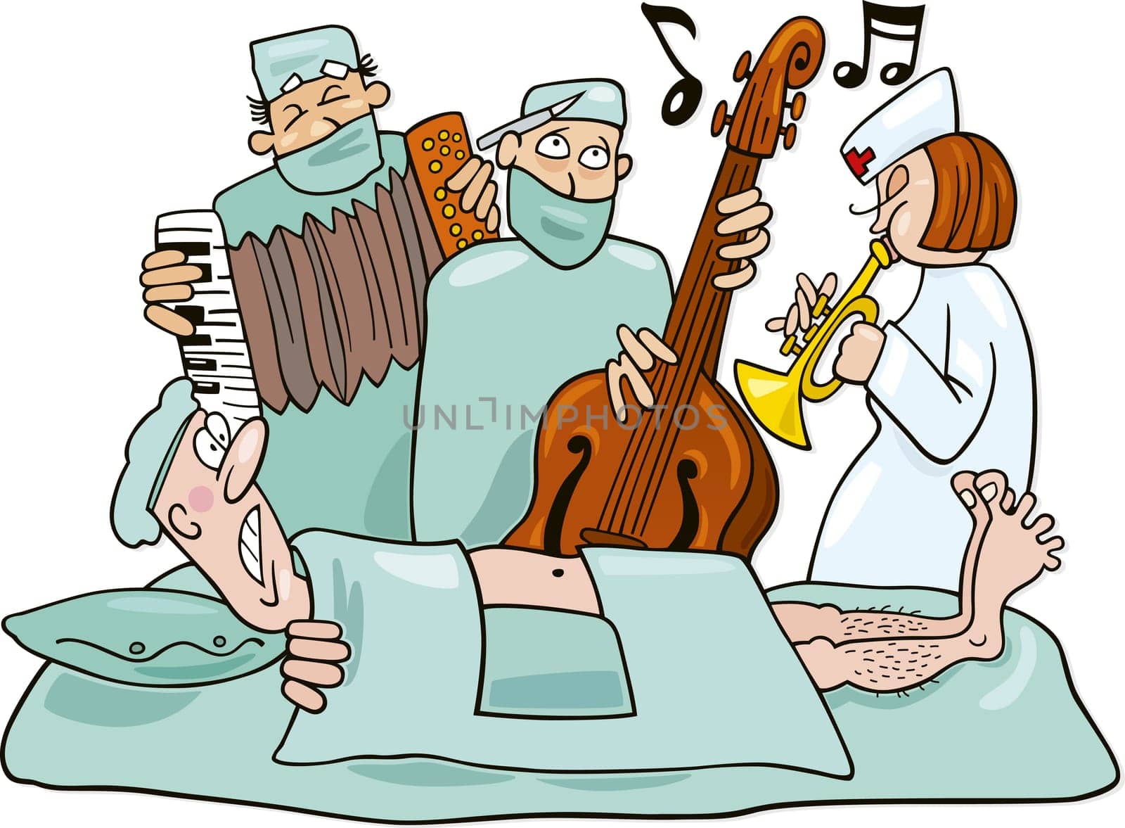 Humorous illustration of crazy surgeons operation band