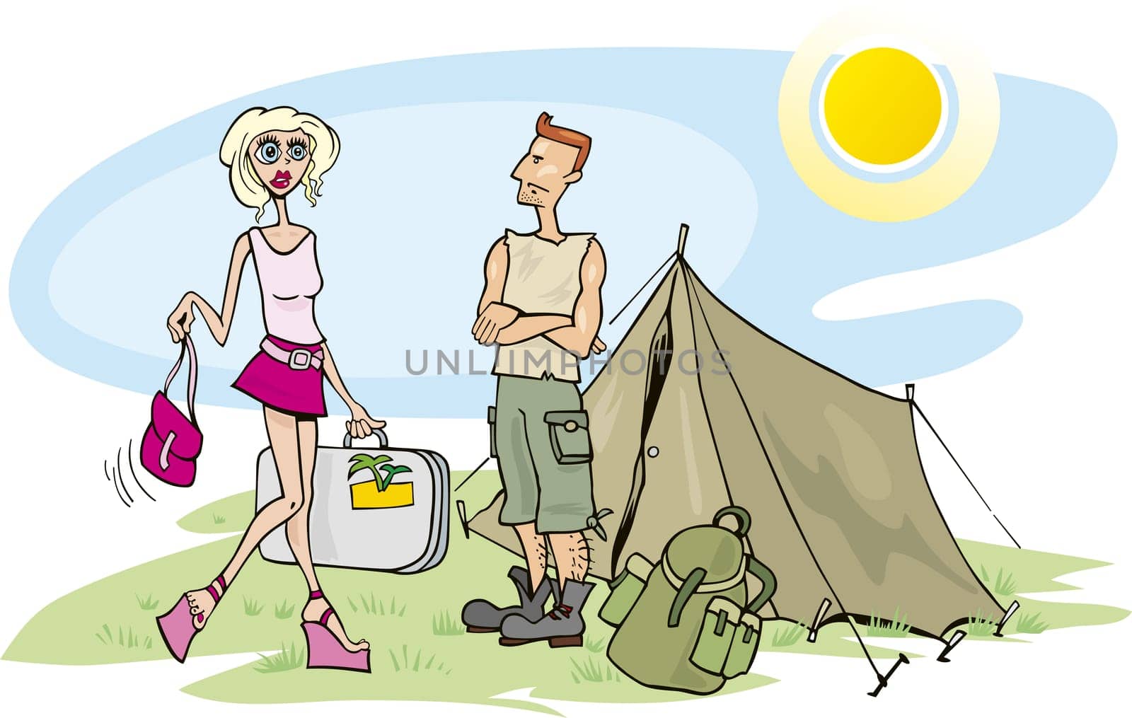 Humorous illustration of blond girl on camp