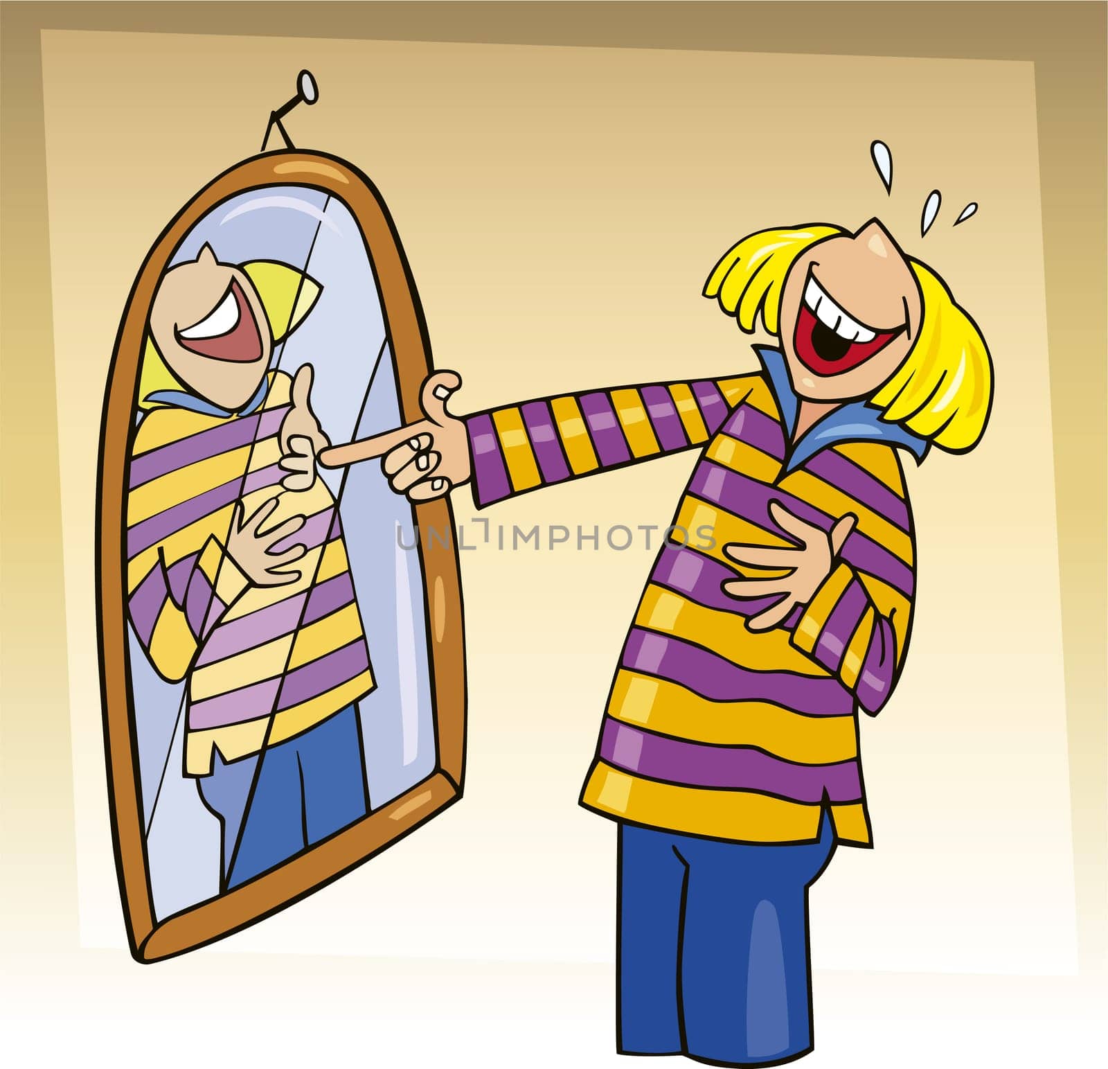Illustration of girl laughing to mirror