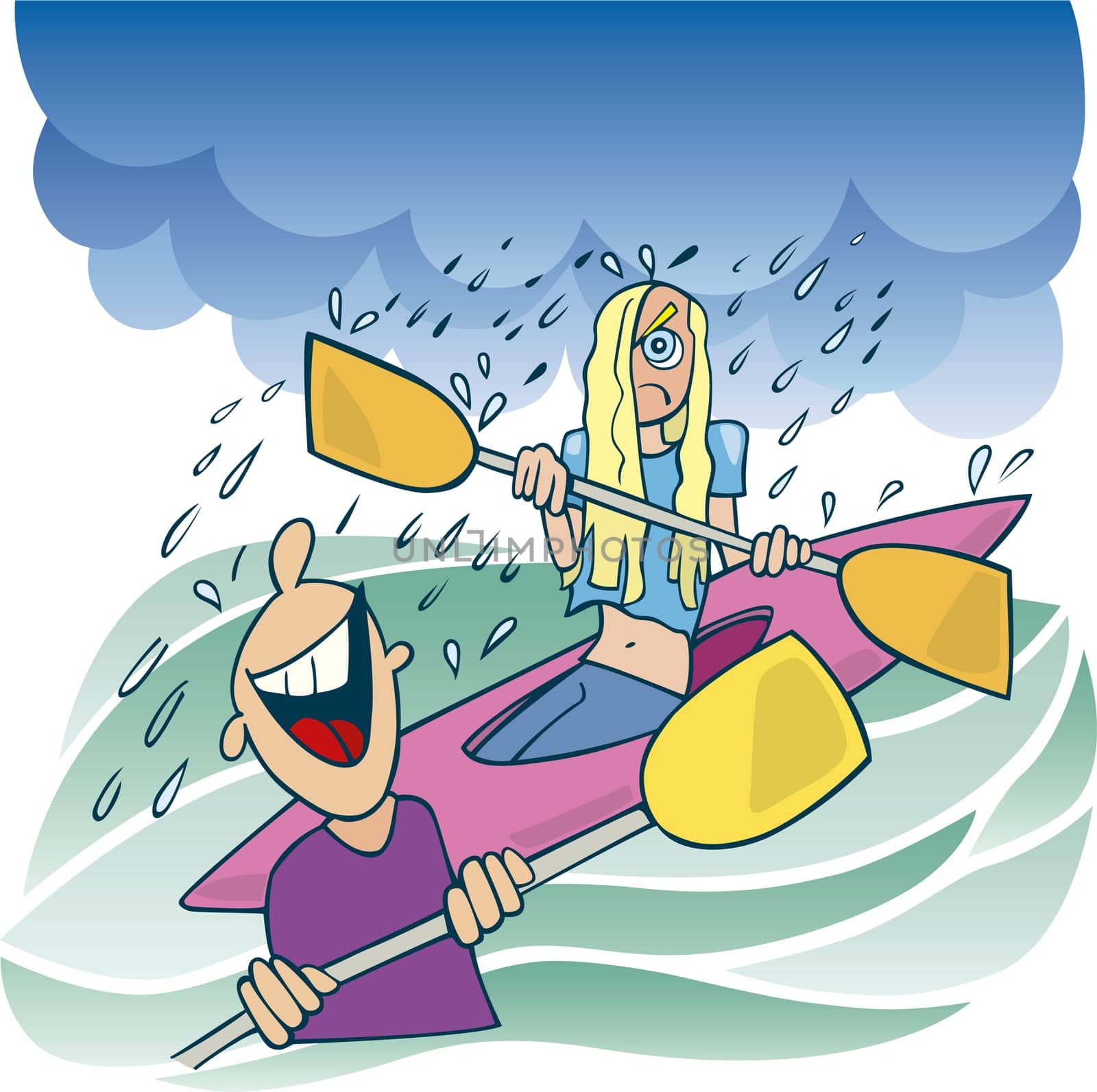 Cartoon illustration of wet angry blond girl in kayak, bad rainy weather and boy laughing