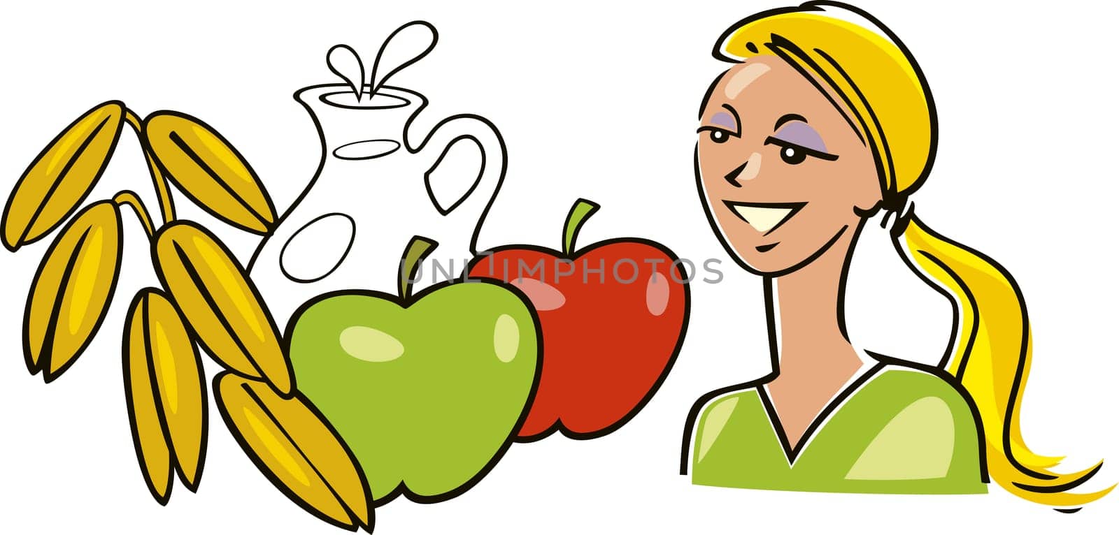 illustration of woman with apples milk and oat
