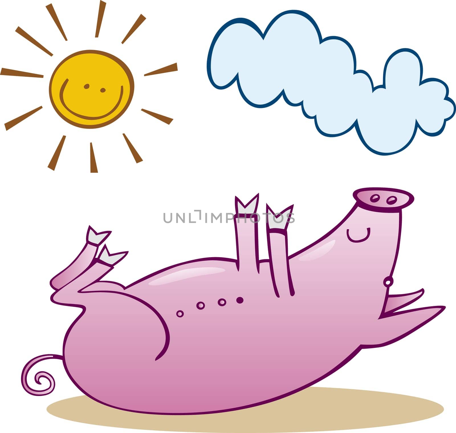Illustration of happy little pig taking sunbath