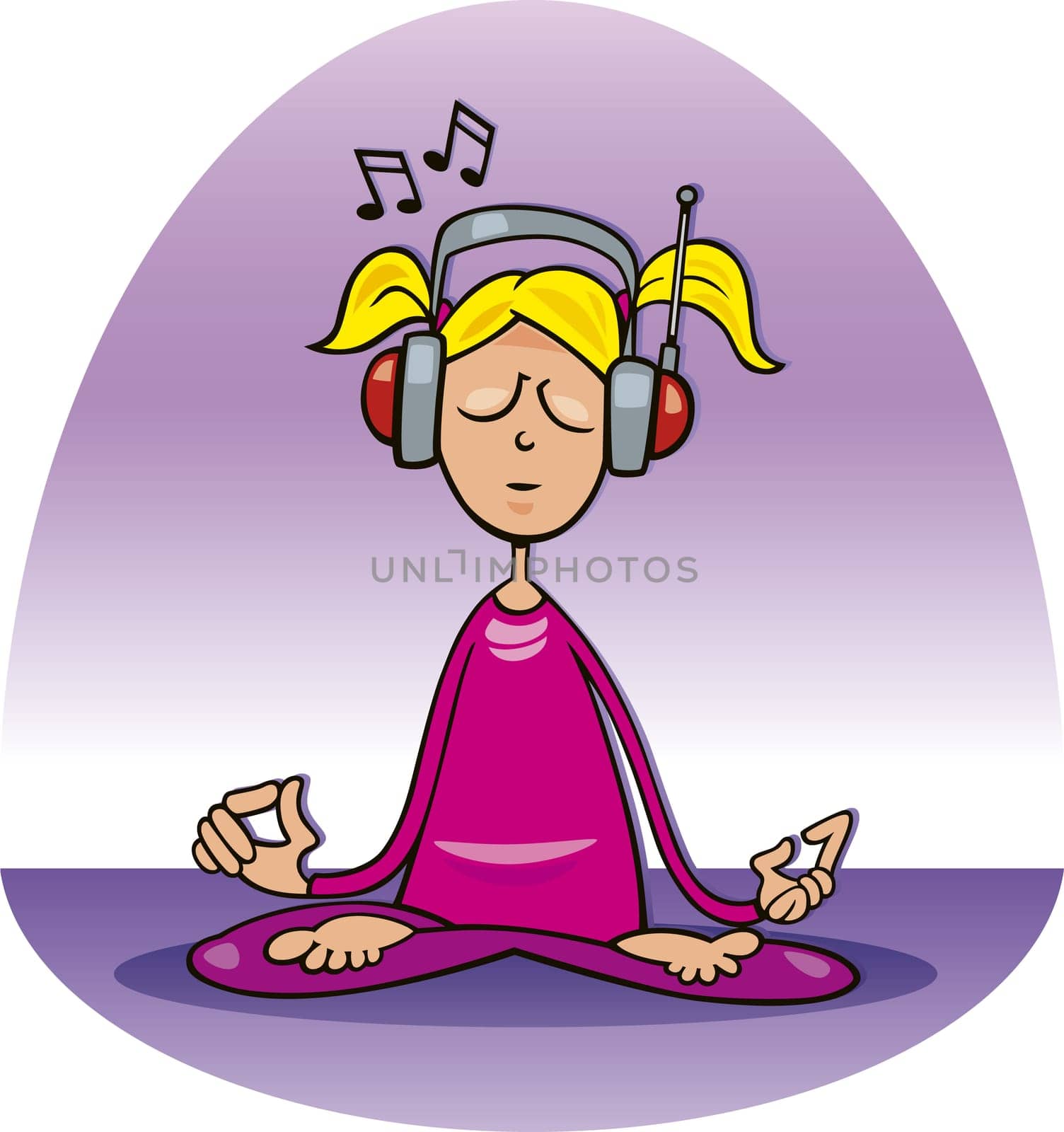 Cartoon illustration of girl listening to the music and meditating