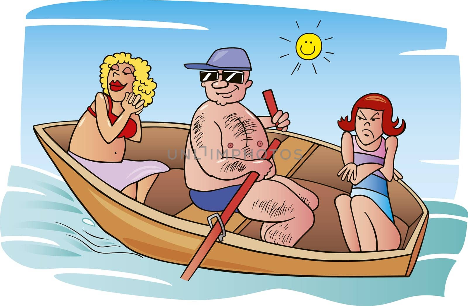 cartoon illustration of displeased girl on vacation with her parents