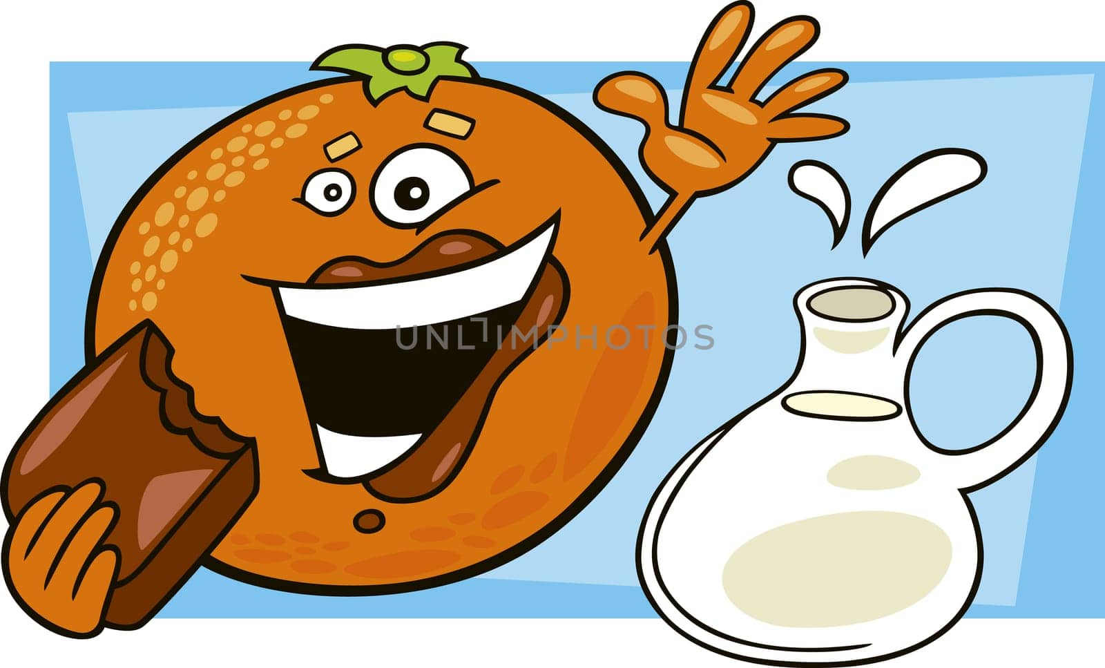 illustration of funny orange eating chocolate and pot of milk