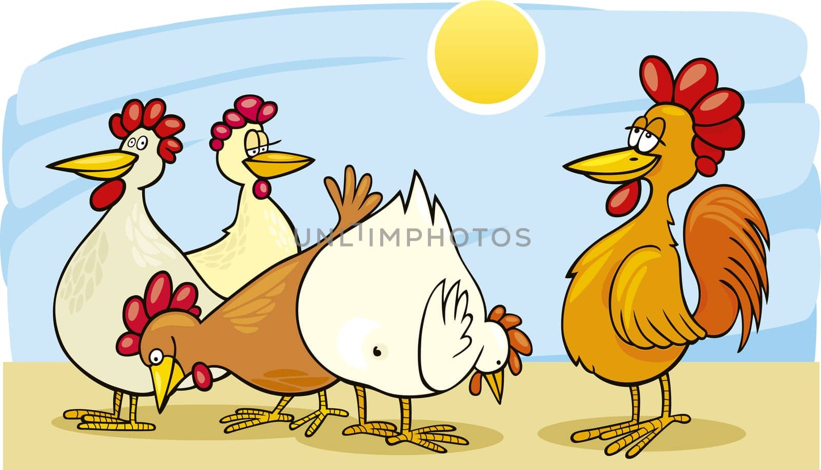 Illustration of rooster and hens on farm