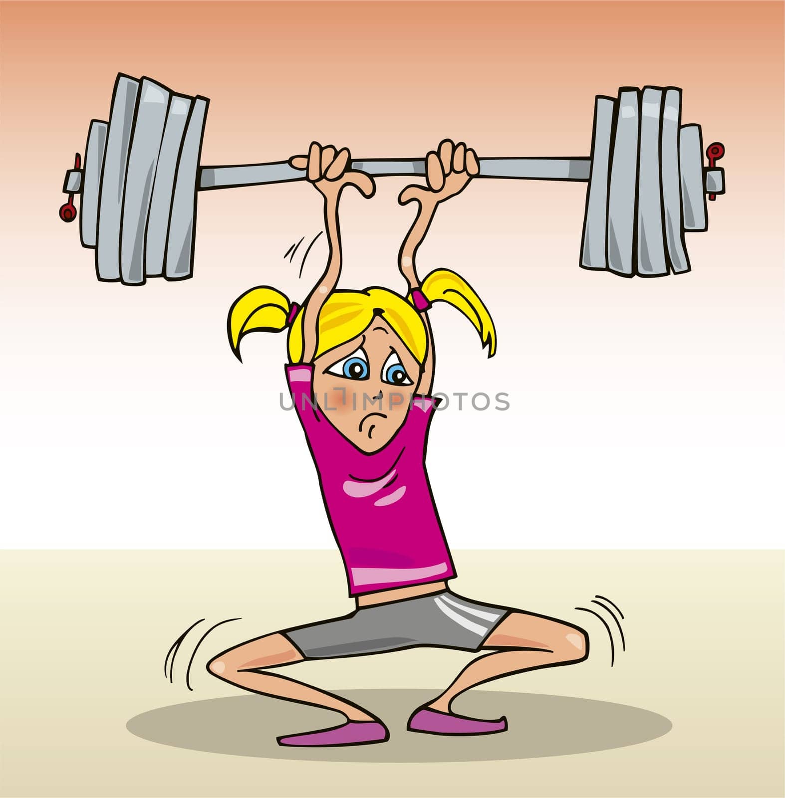 Cartoon illustration of teen girl lifting heavy weight
