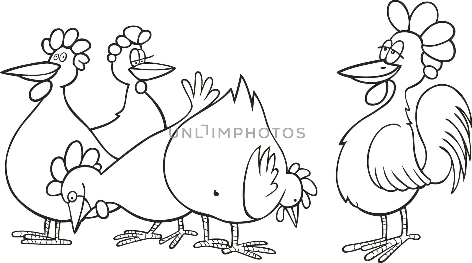 illustration of Rooster and hens for coloring book