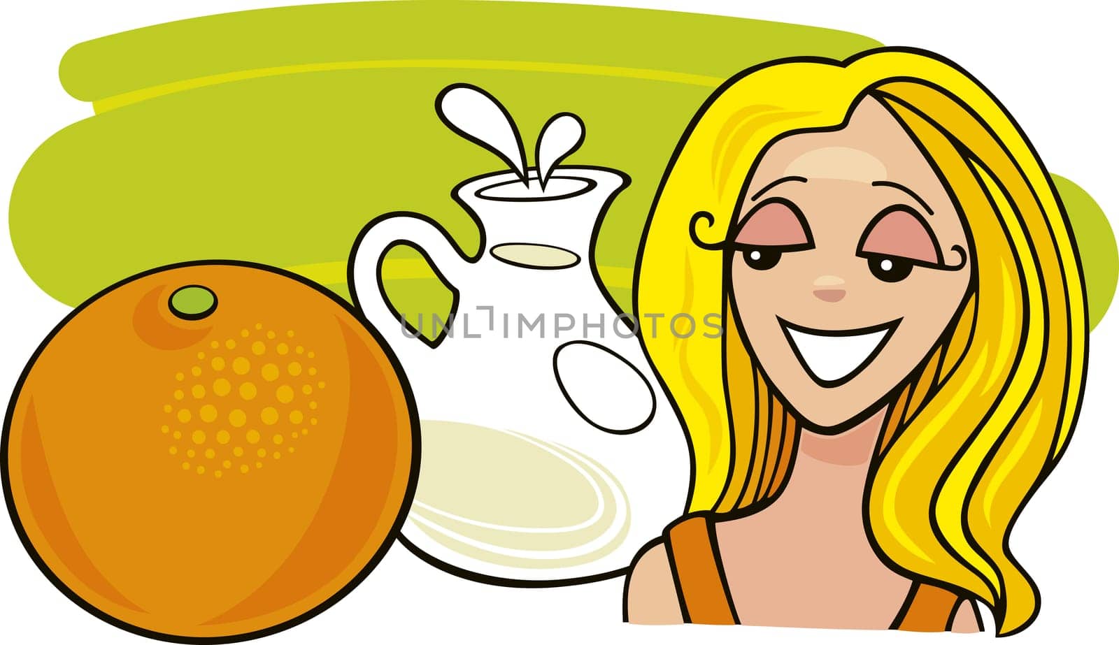 illustration of girl with orange fruit and milk