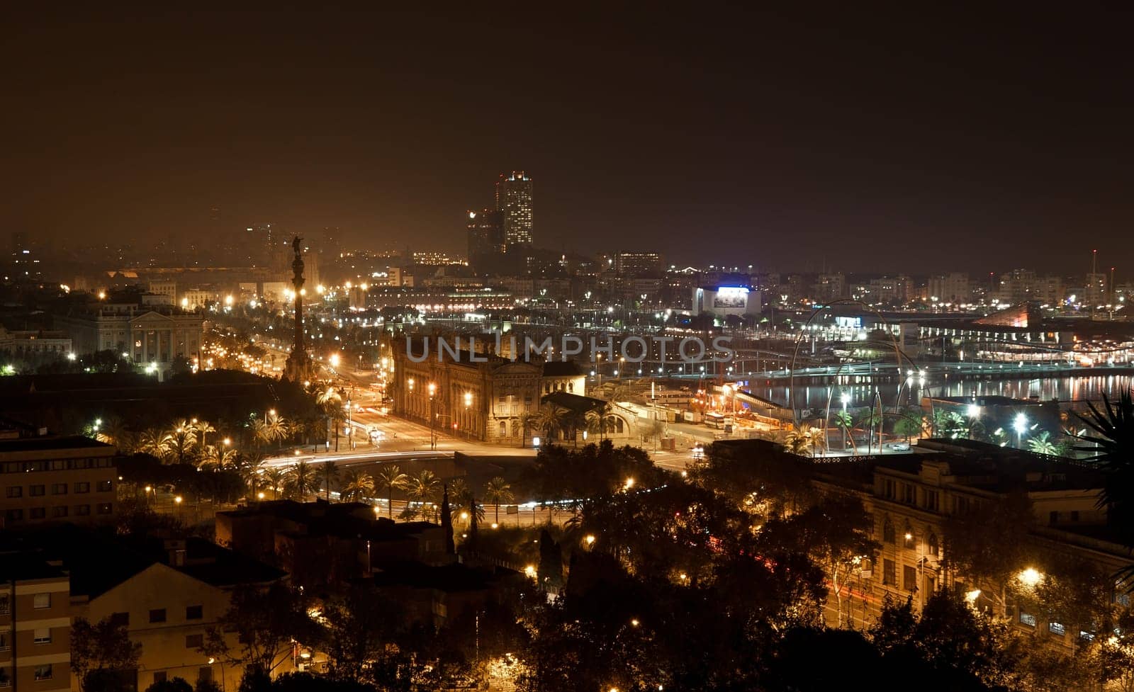 Night panorama of the city of Barcelona Spain, From the mountain of Montjiuc.