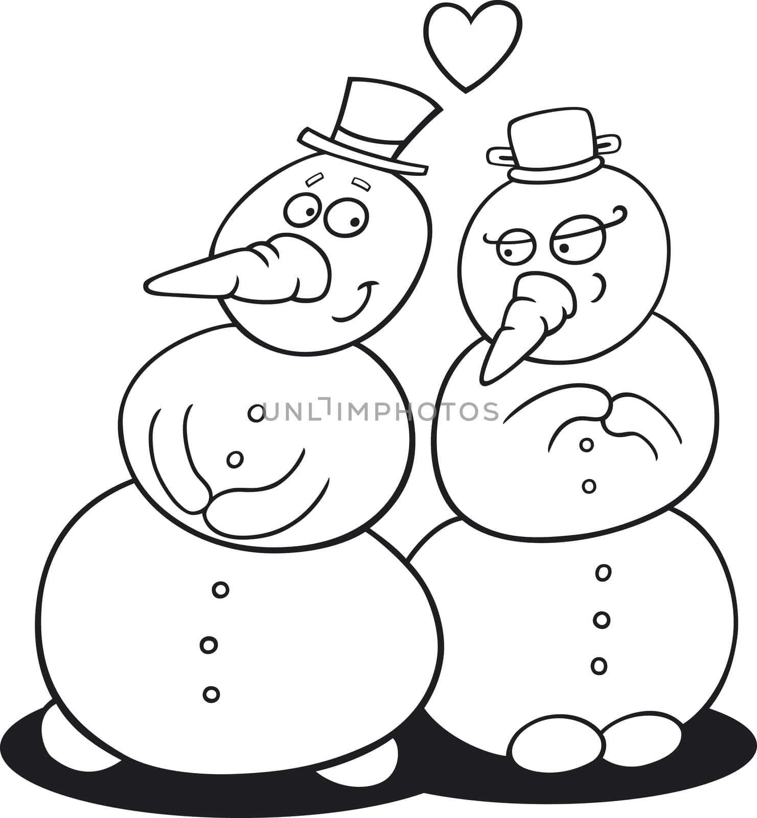 illustration of snowman in love for coloring book