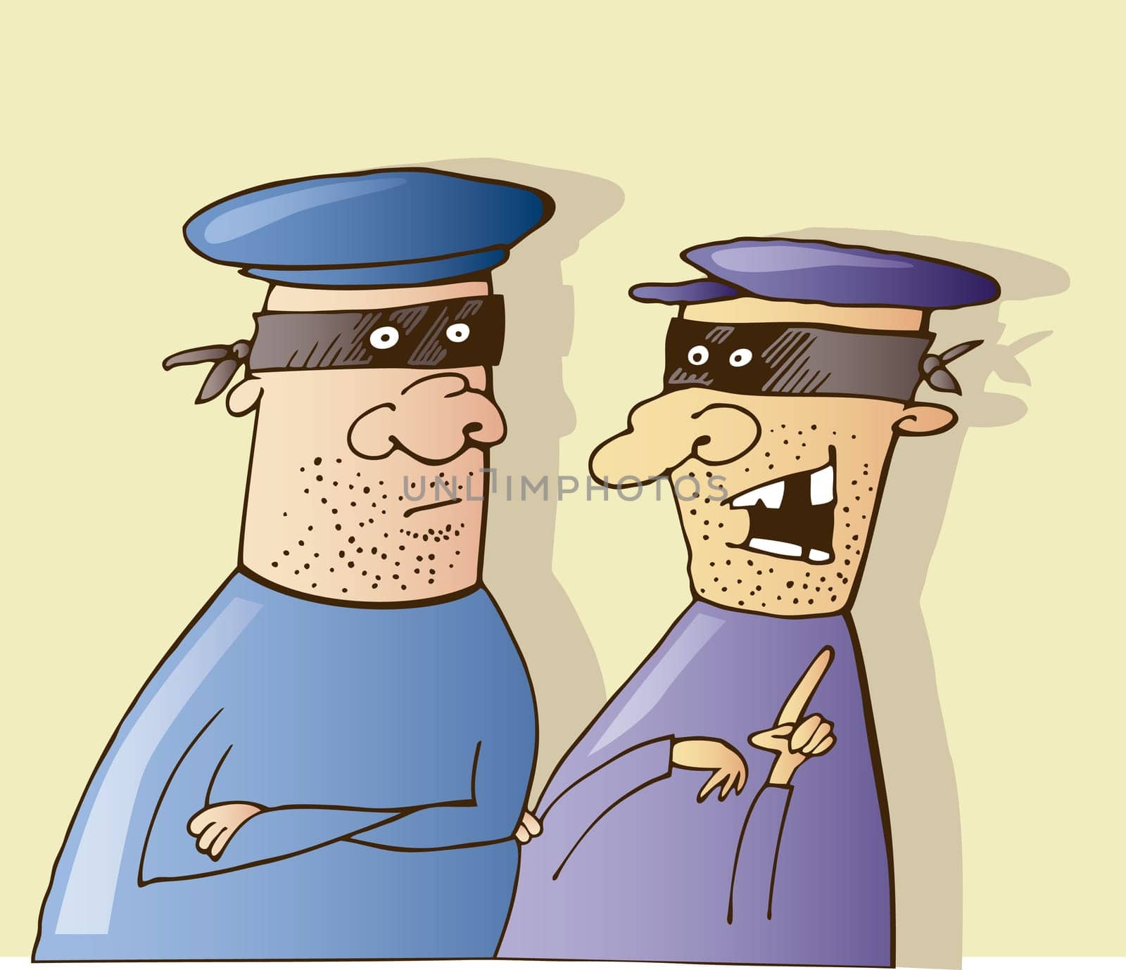 Cartoon illustration of two thieves talking
