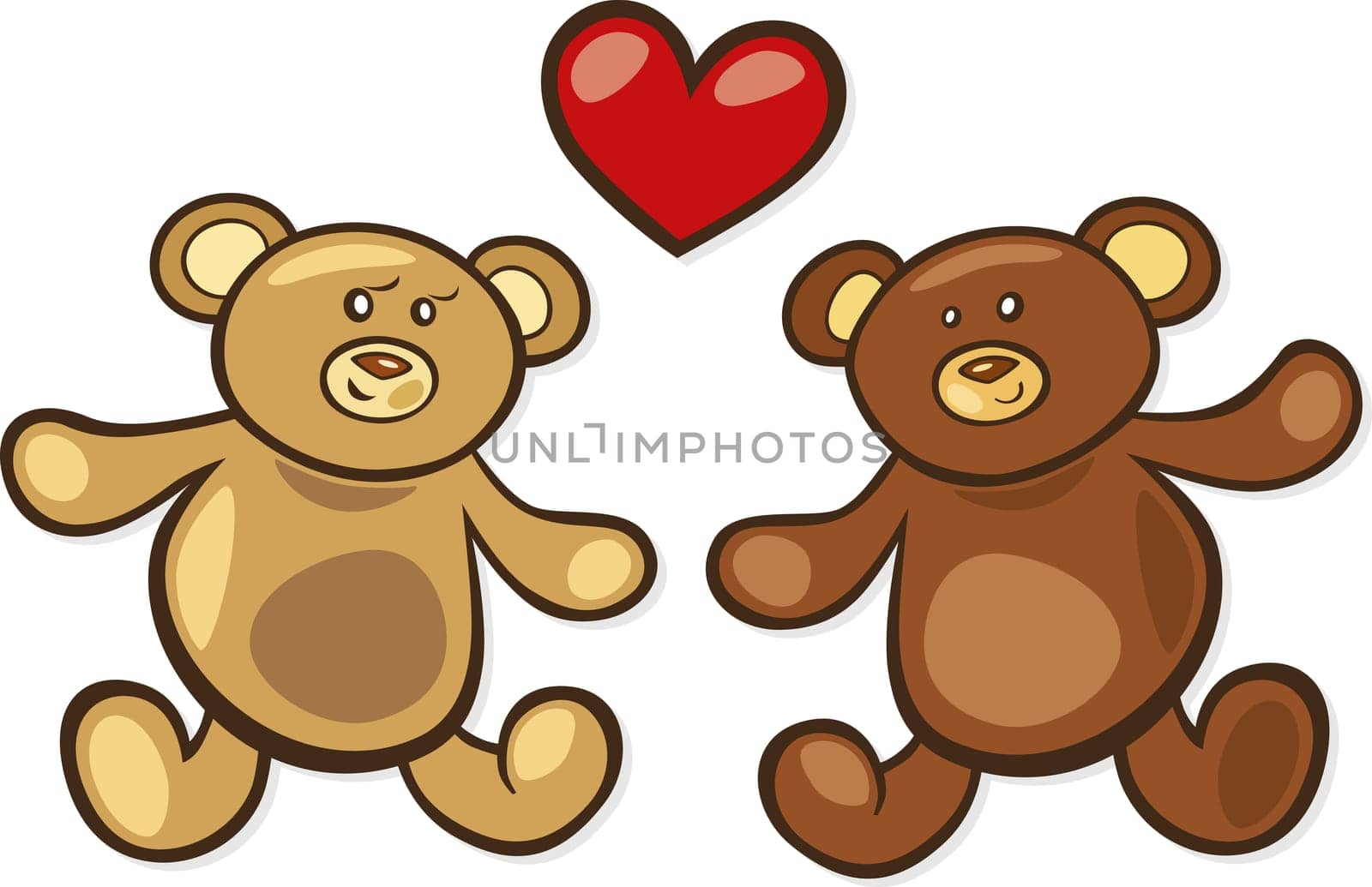 Cartoon illustration of two teddy bears in love with heart