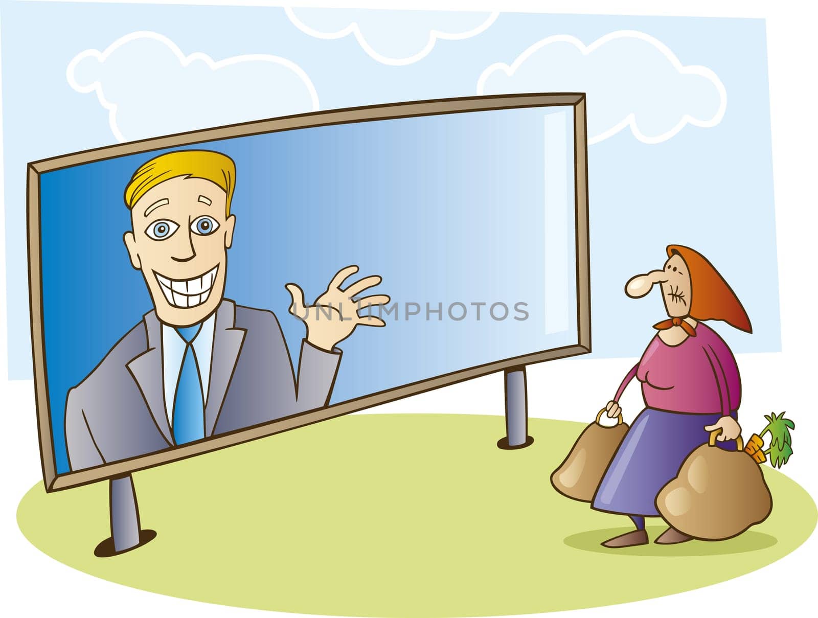 Illustration of election campaign billboard and old woman looking at it