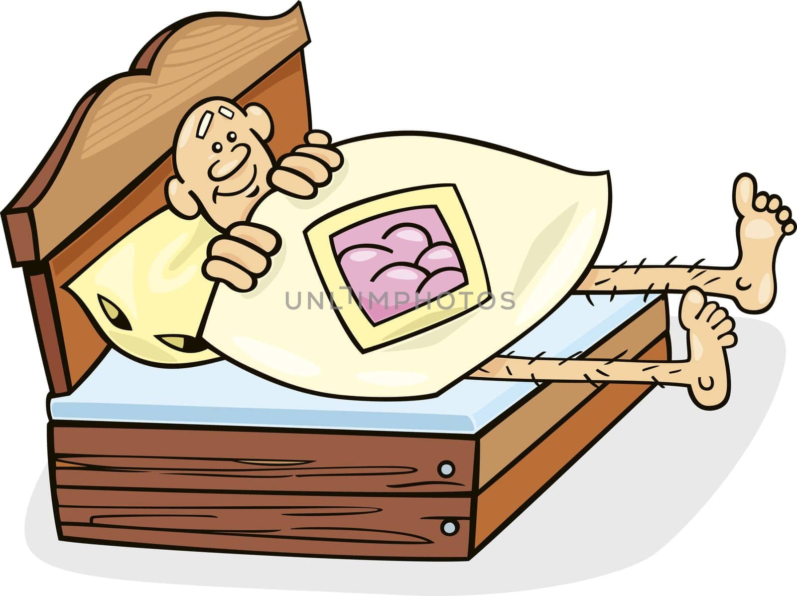 Cartoon illustration of man in too short bed