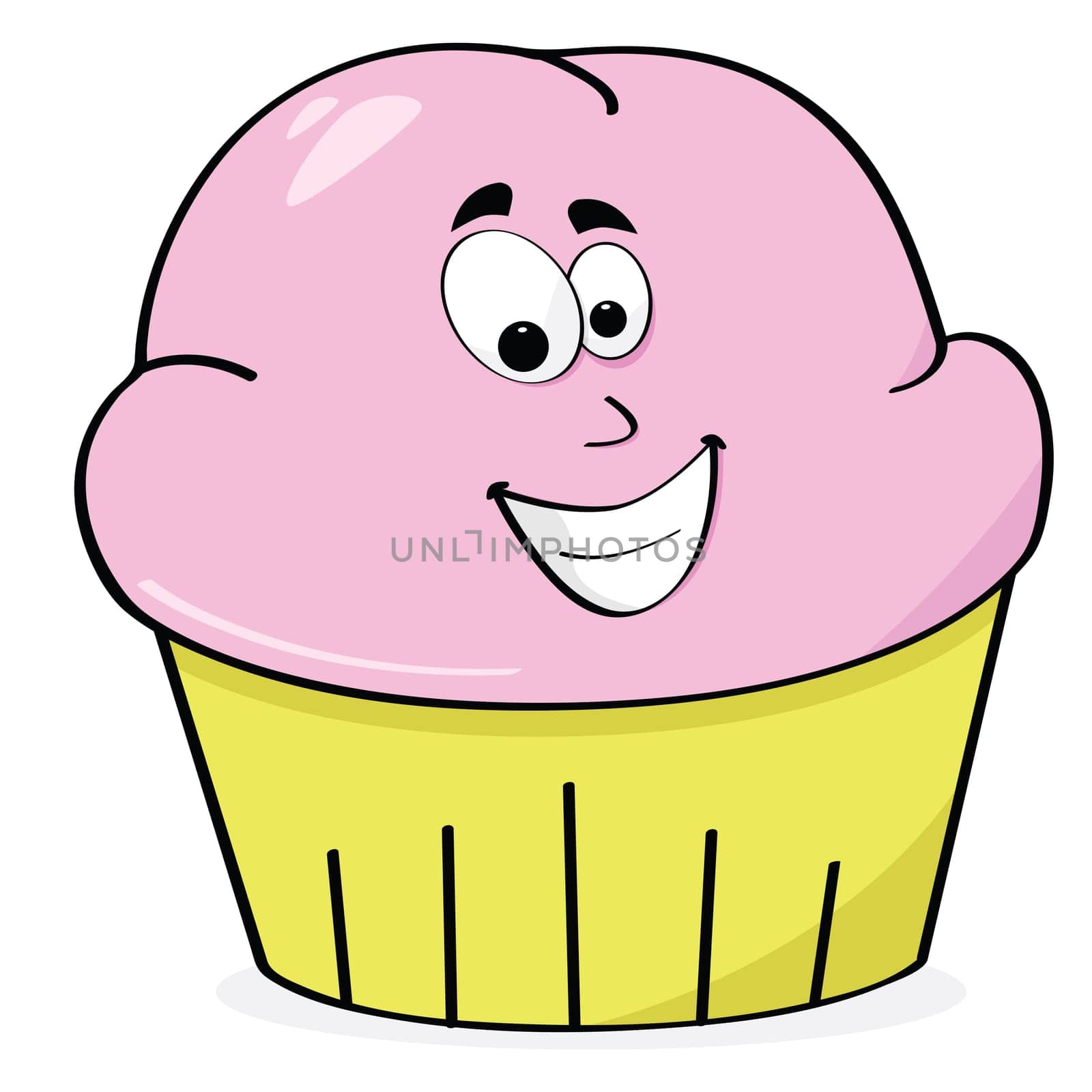 Cartoon illustration of a happy strawberry frosted cupcake