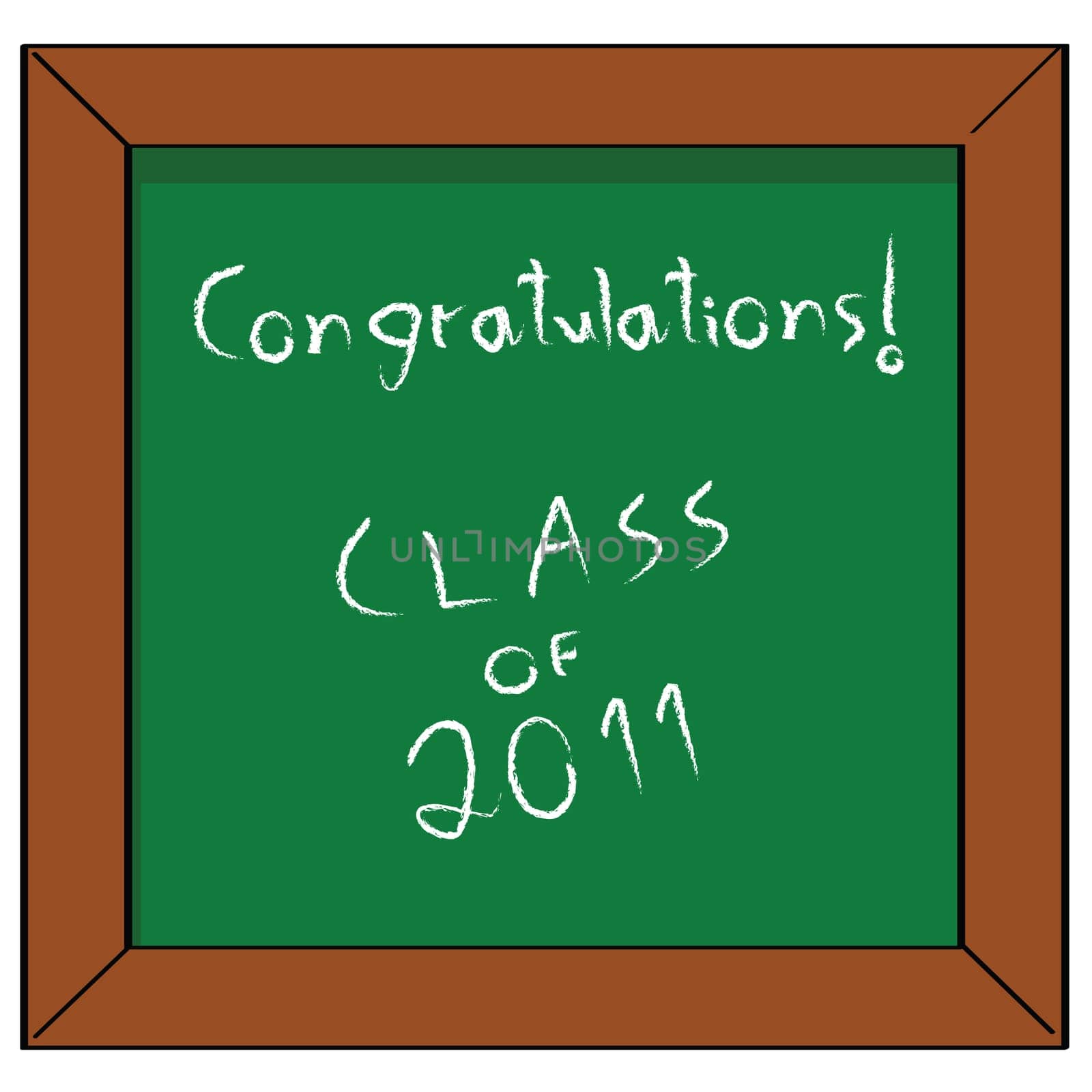 Cartoon illustration of a school blackboard with the words "Congratulations! Class of 2011"""