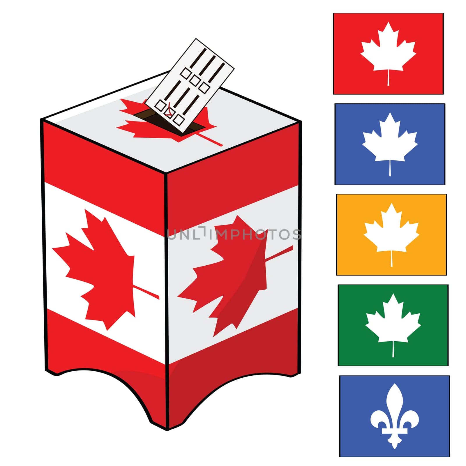 Illustration of a ballot box with the Canadian flag and different colors of votes (for the different parties in Canada)