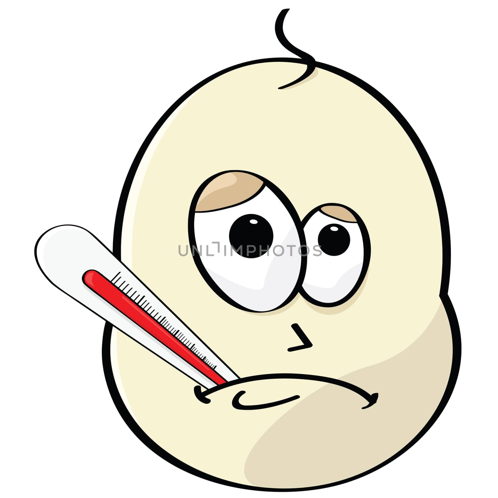 Cartoon illustration of a sick baby with a thermometer in his mouth