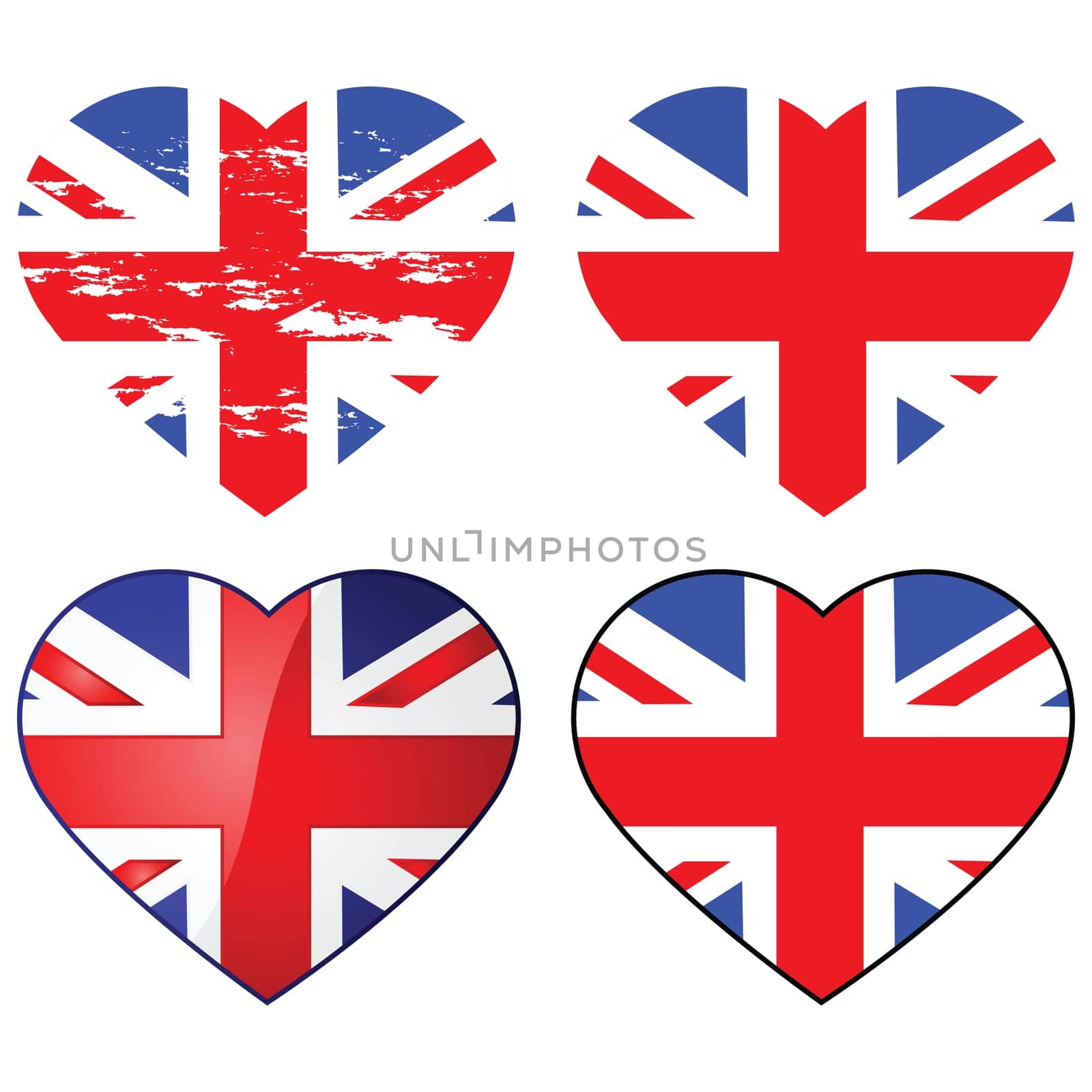 Set of four Union Jack flags shaped like a heart
