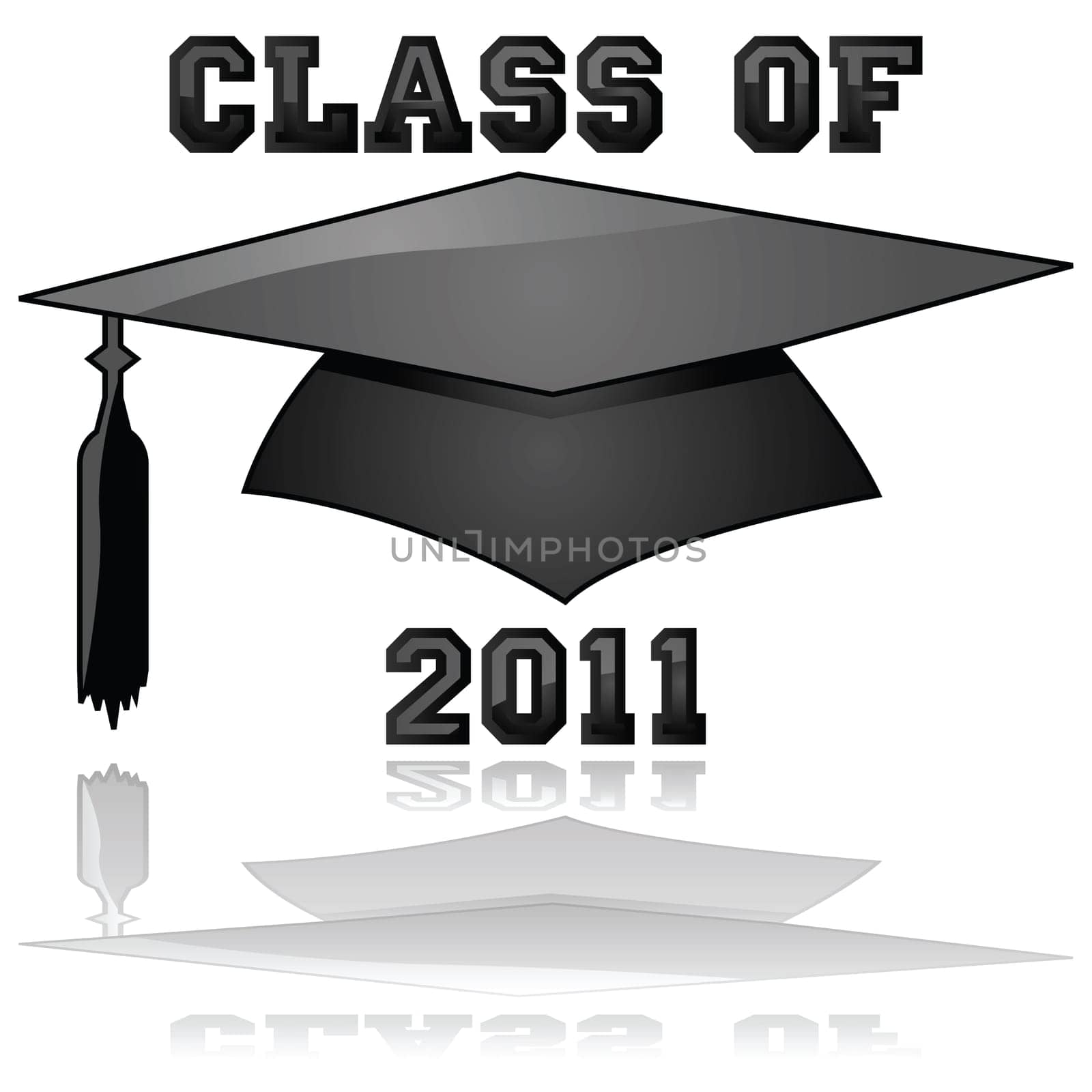 Glossy illustration of a hat and the words Class of 2011, reflected on a clear background