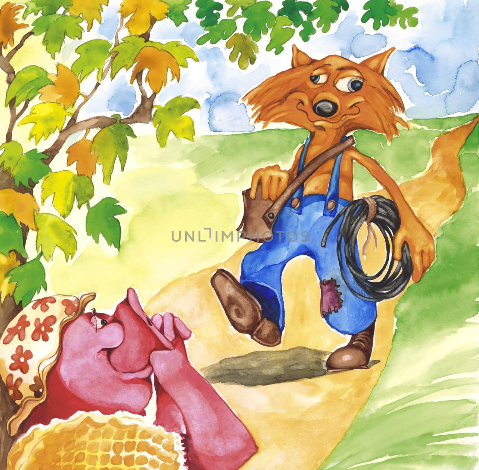 Fairytale Illustration of Mrs Pig and Plumber Fox