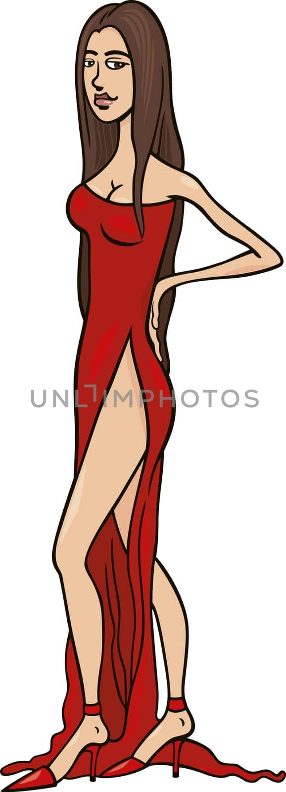 illustration of beautiful sexy woman in red gown dress