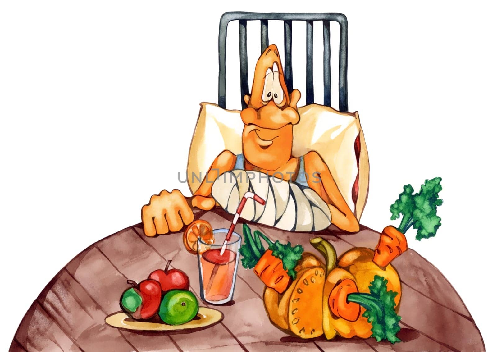 illustration of convalescent man with broken arm on healthy diet