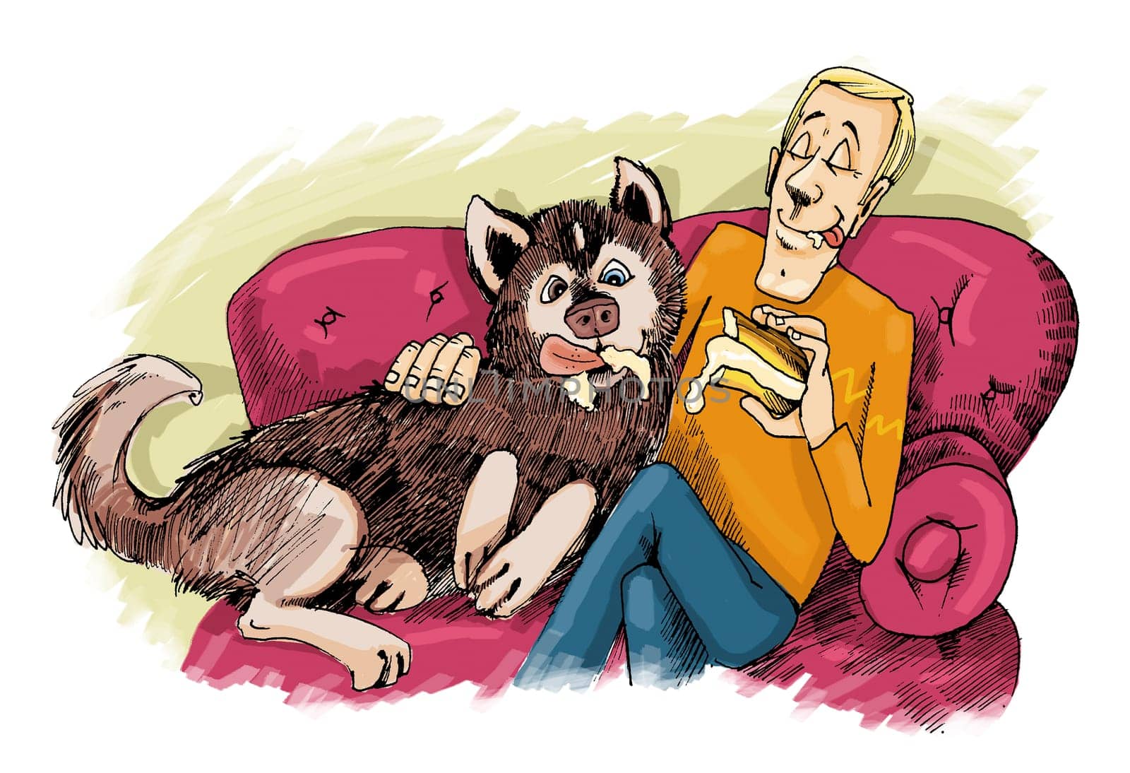 humorous Illustration of husky dog and his owner on sofa