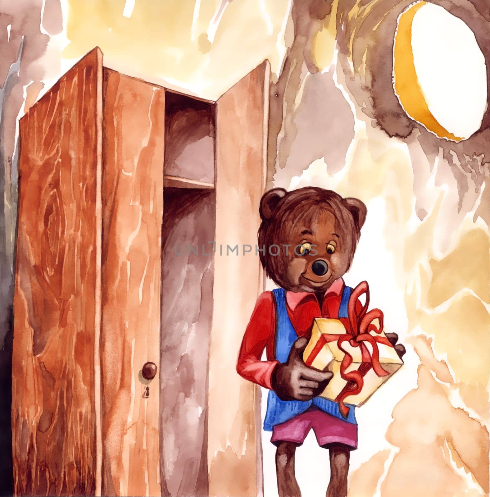 illustration of fairytale little bear with gift