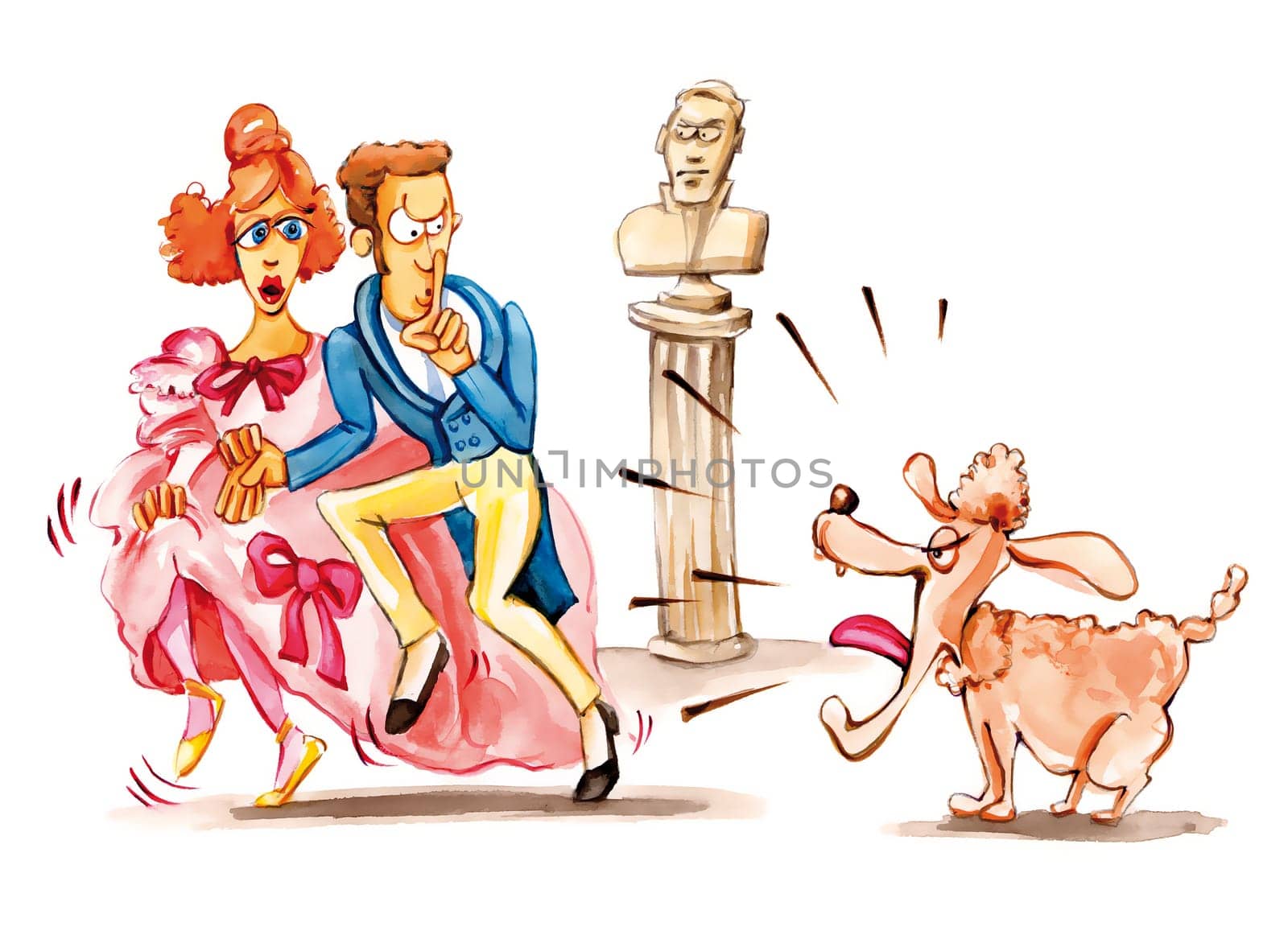 illustration of sneaking lovers and barking dog