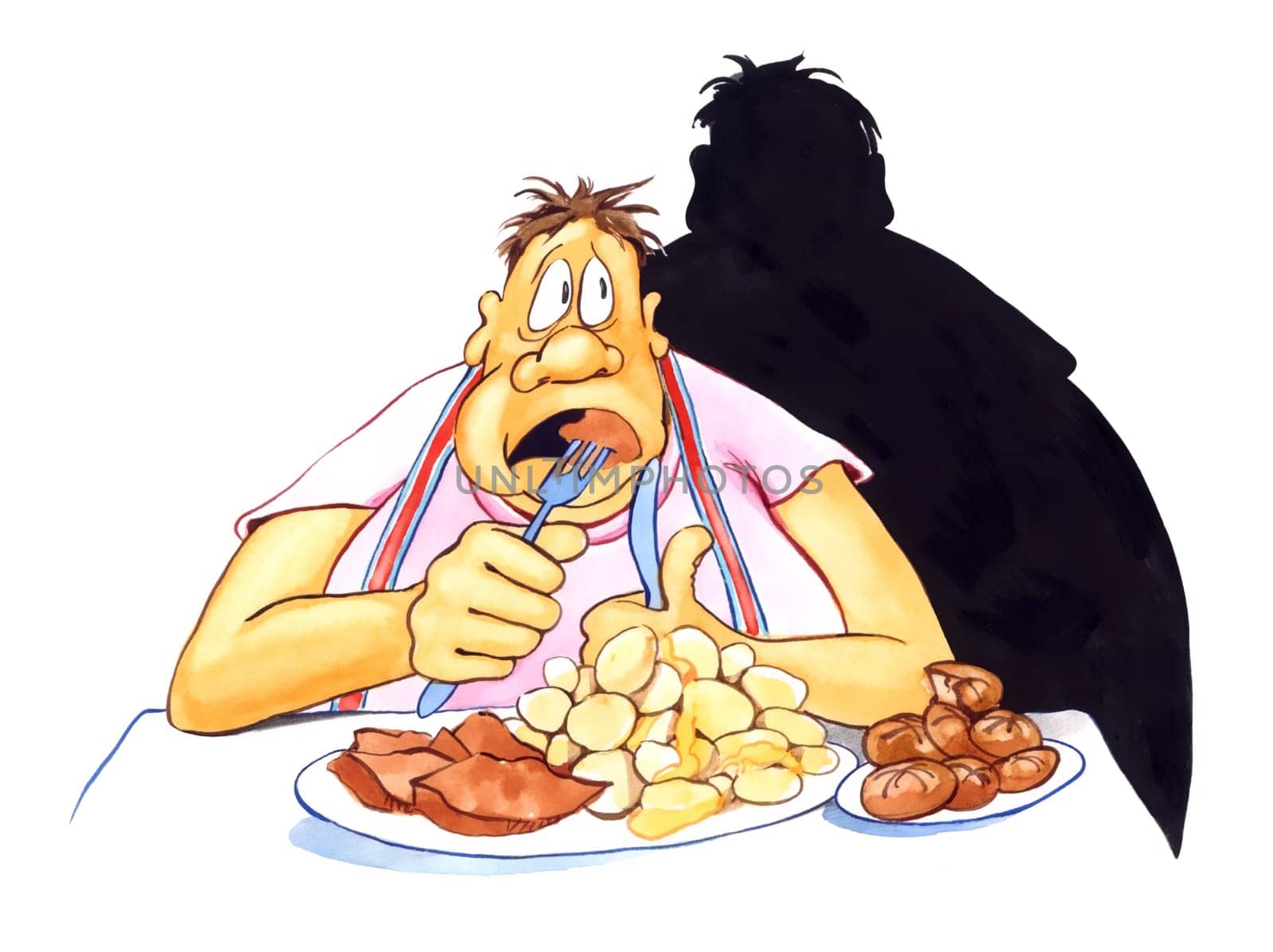illustration of stressed overweight man eating
