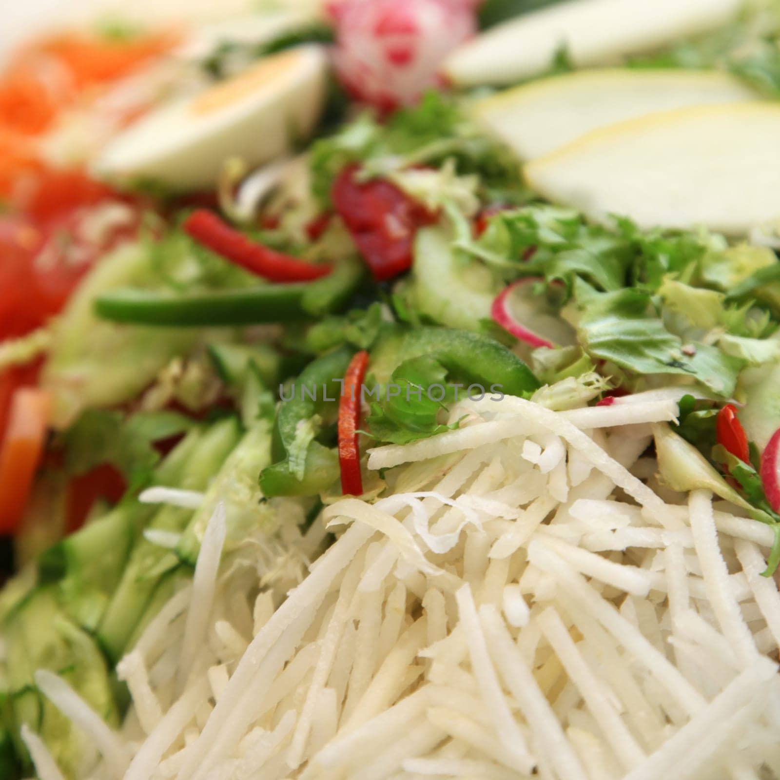 Fresh salad with different ingredients - Square - Close-up - Copy space