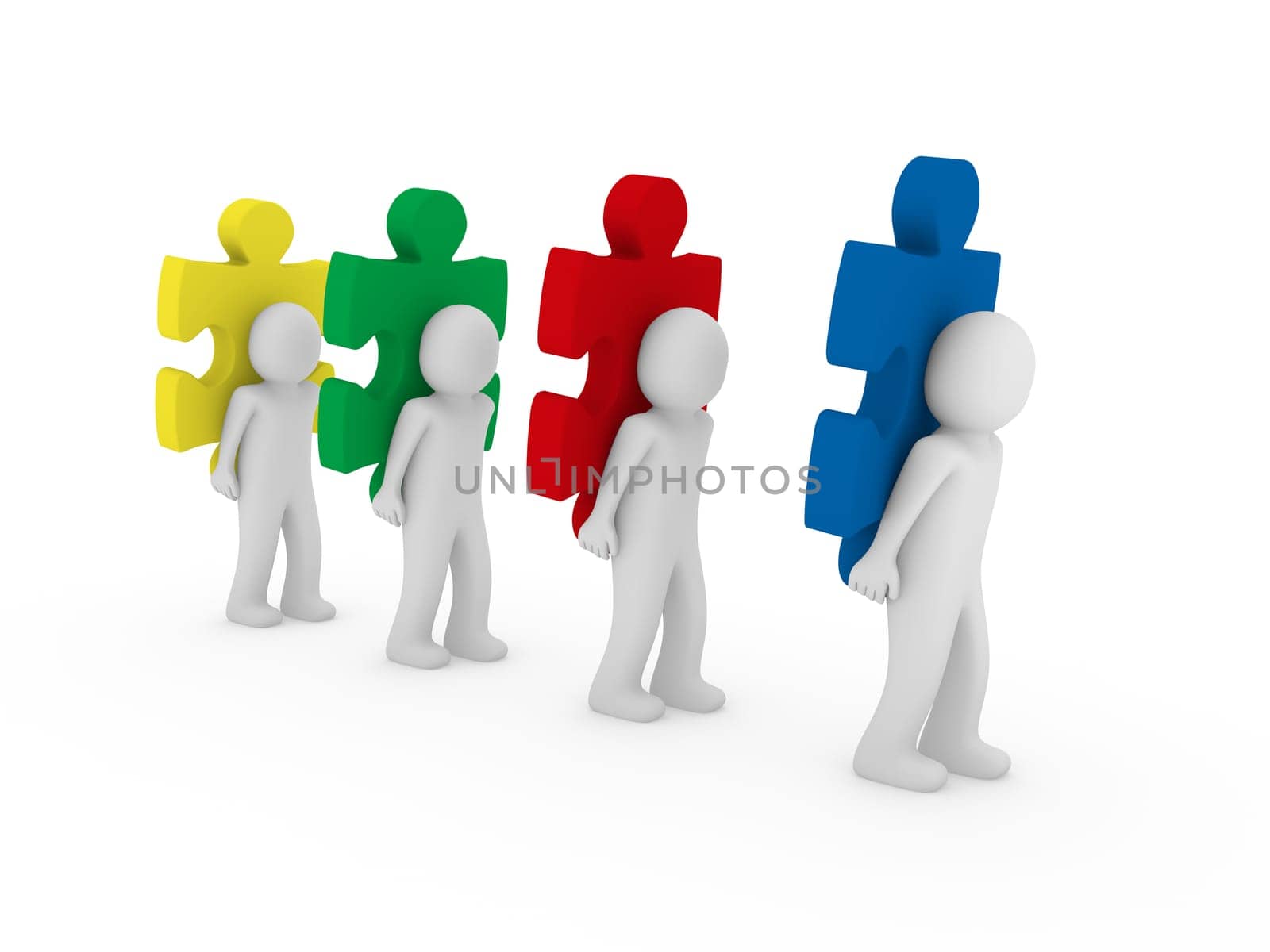 3d men puzzle teamwork red blue green yellow