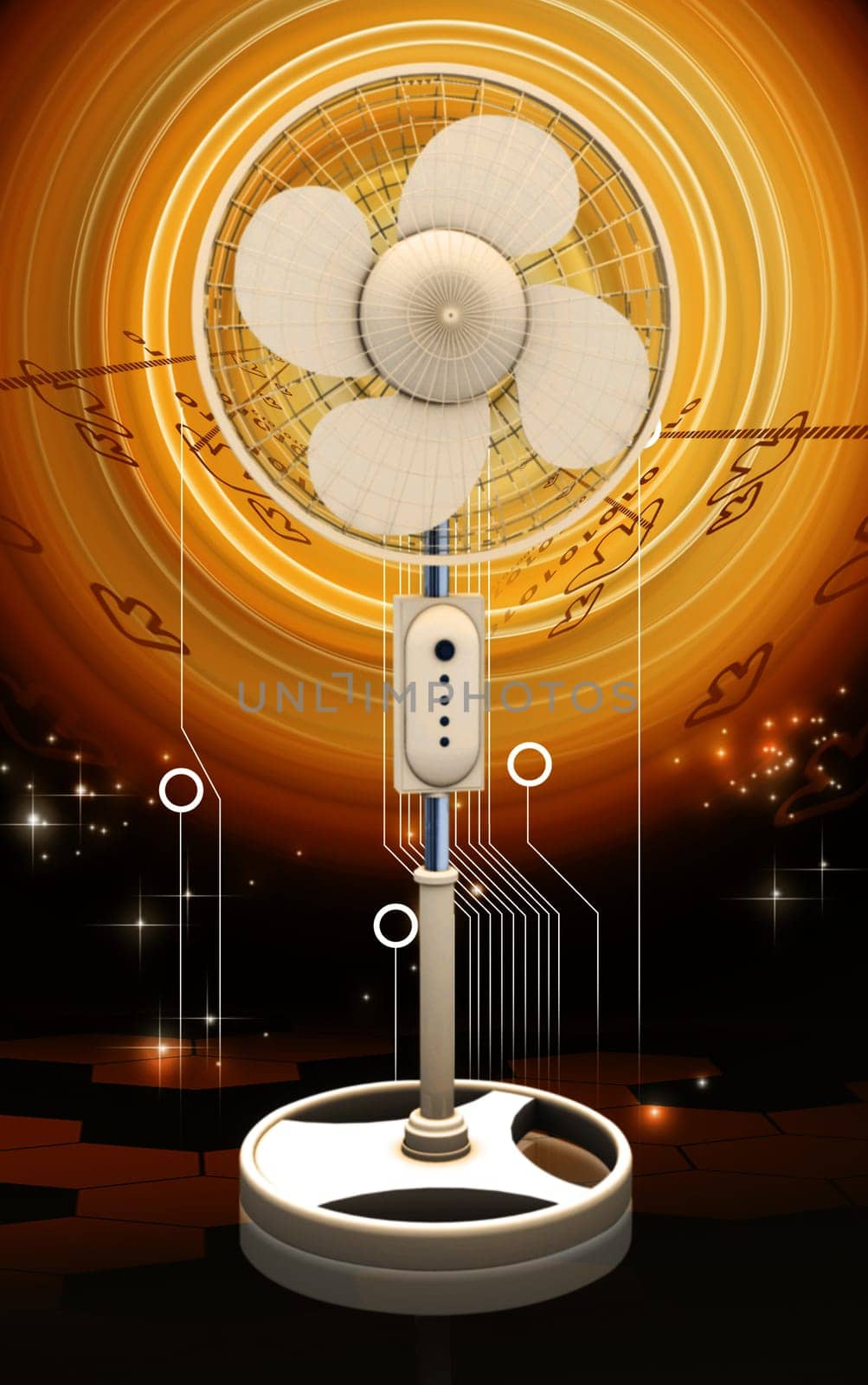 Digital illustration of a pedestal fan in colour background