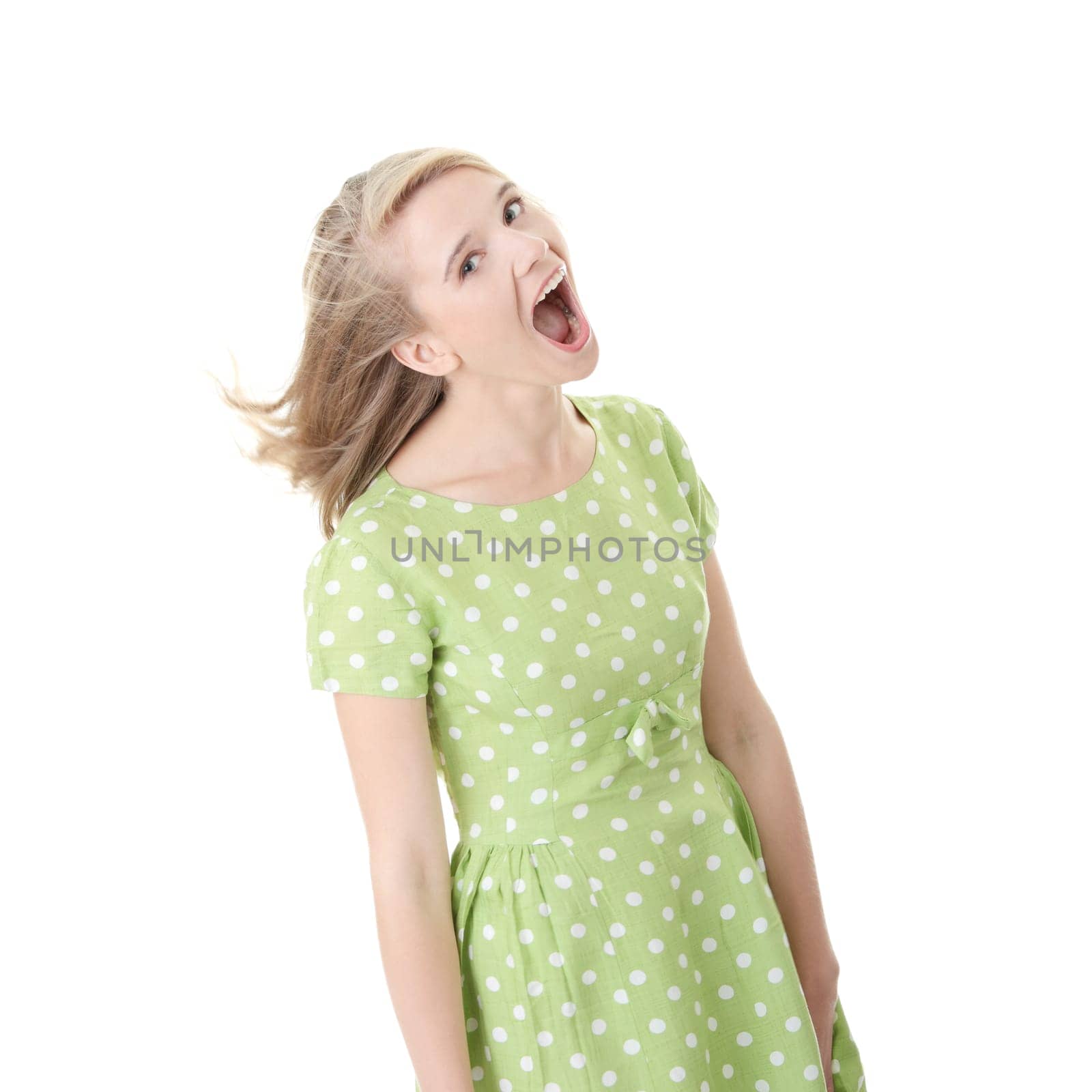 Happy yiung blond caucasian woman in white summer green dress, isolated on white