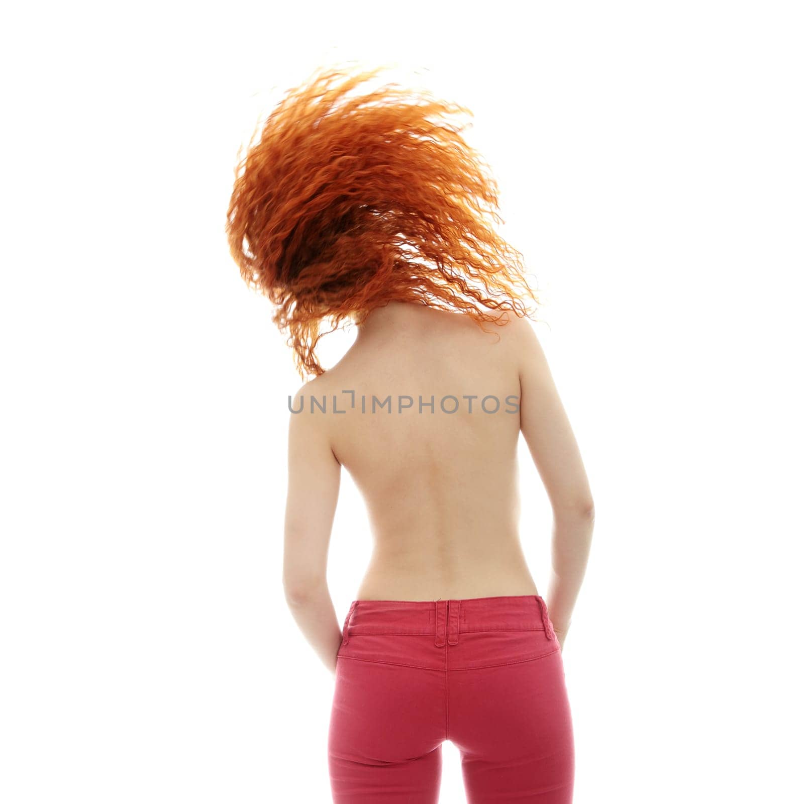 Rear view of the young female with beauty curly long hairs - on a white
