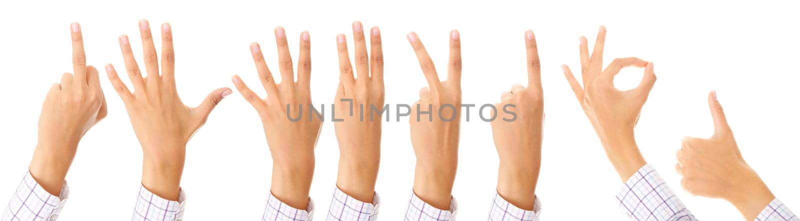 Set of gesturing hands isolated on white background