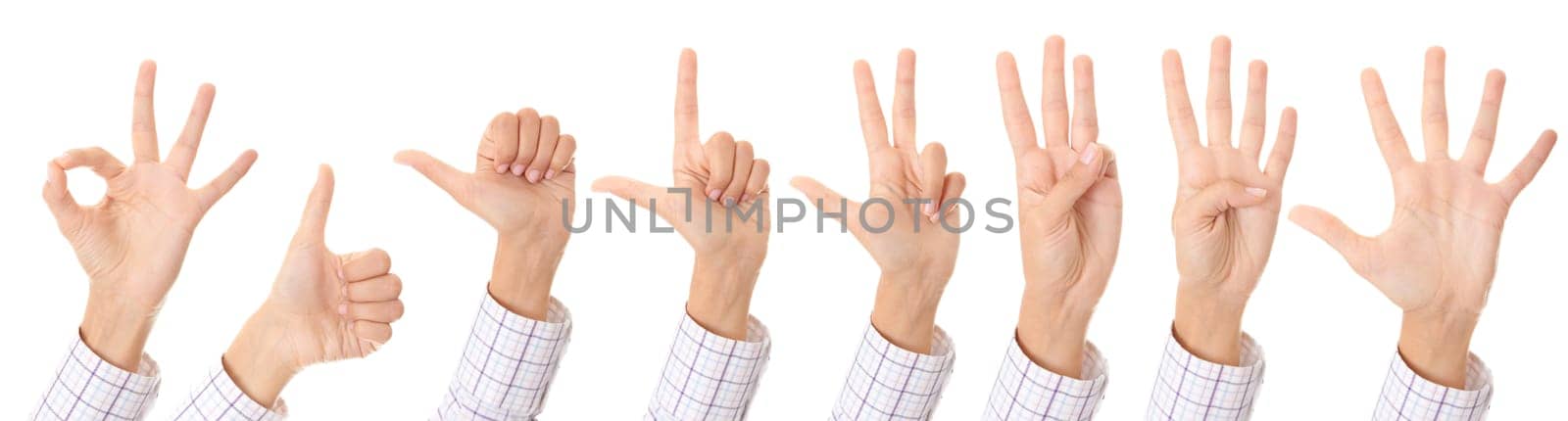Set of gesturing hands isolated on white background