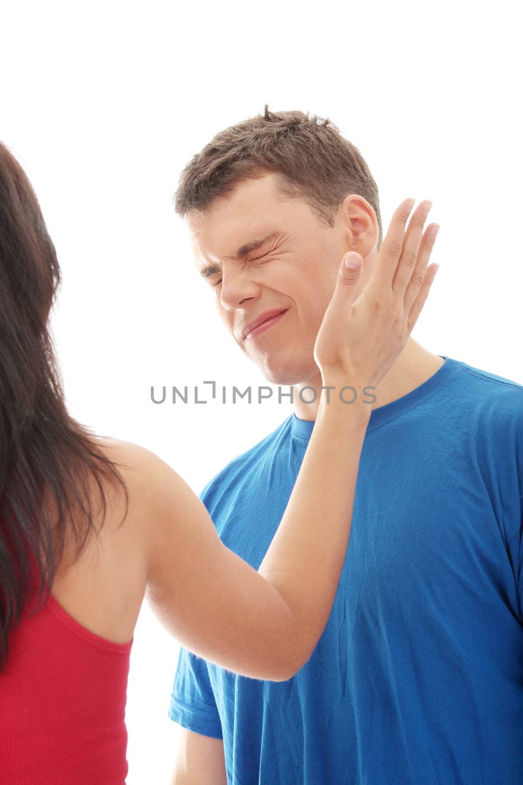 Man and woman conflict.Home violence concept.  Isolated on white