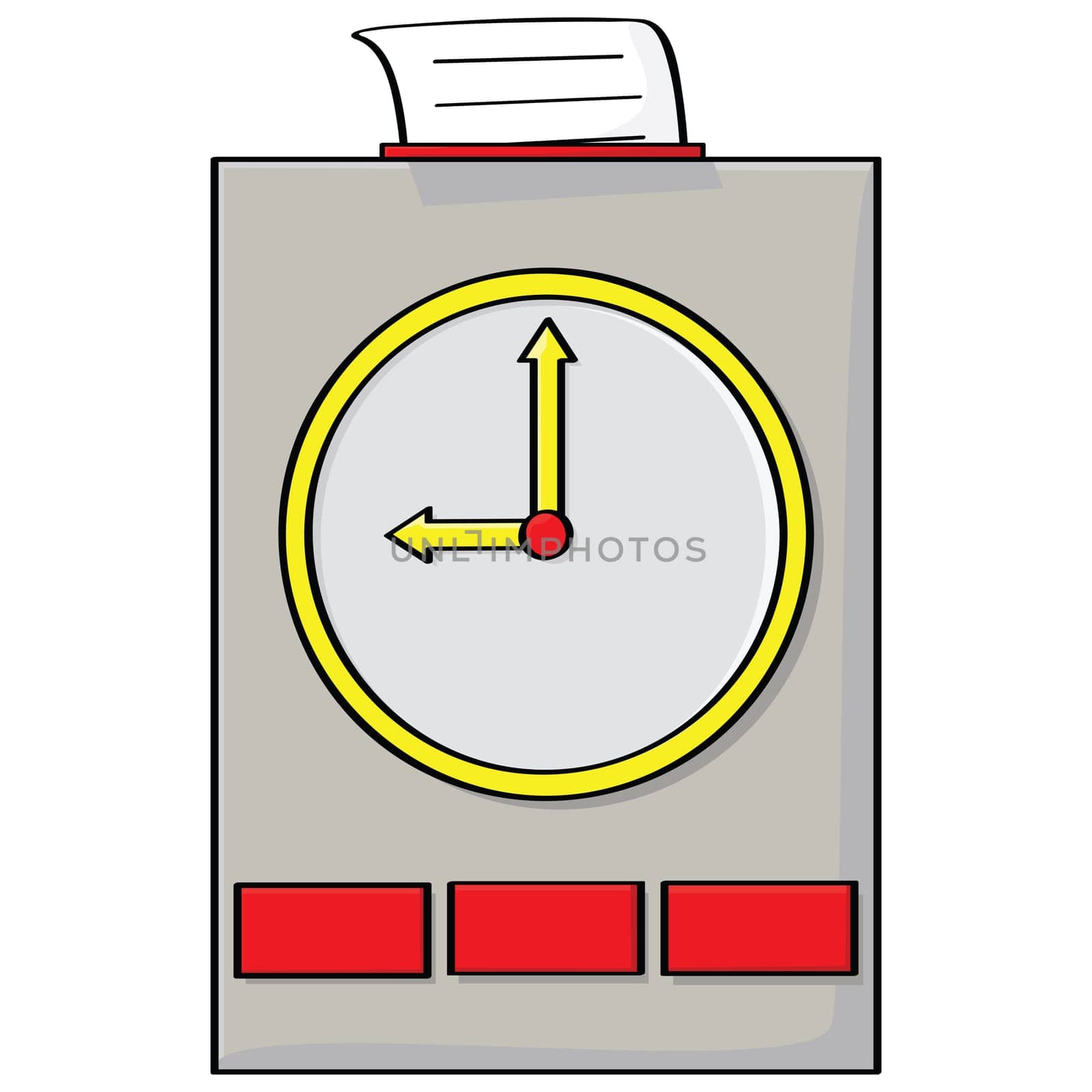 Cartoon illustration of a punch clock with a card on top