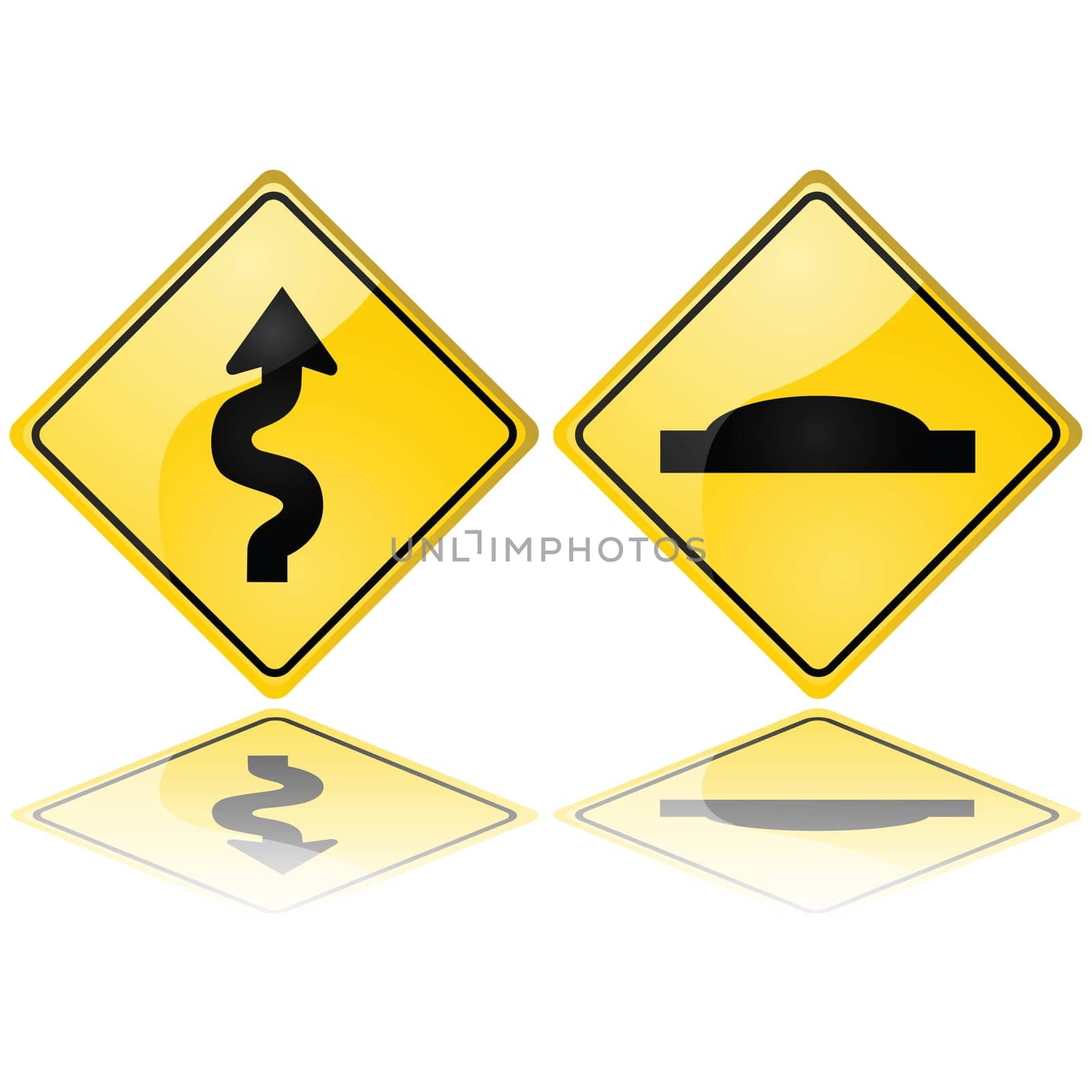 Glossy illustrations showing a series of curves and a speed bump, meaning trouble ahead