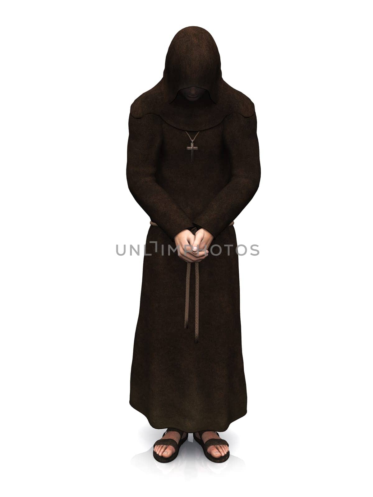 3d render of a christian monk with his head bowed, contemplating. White background.